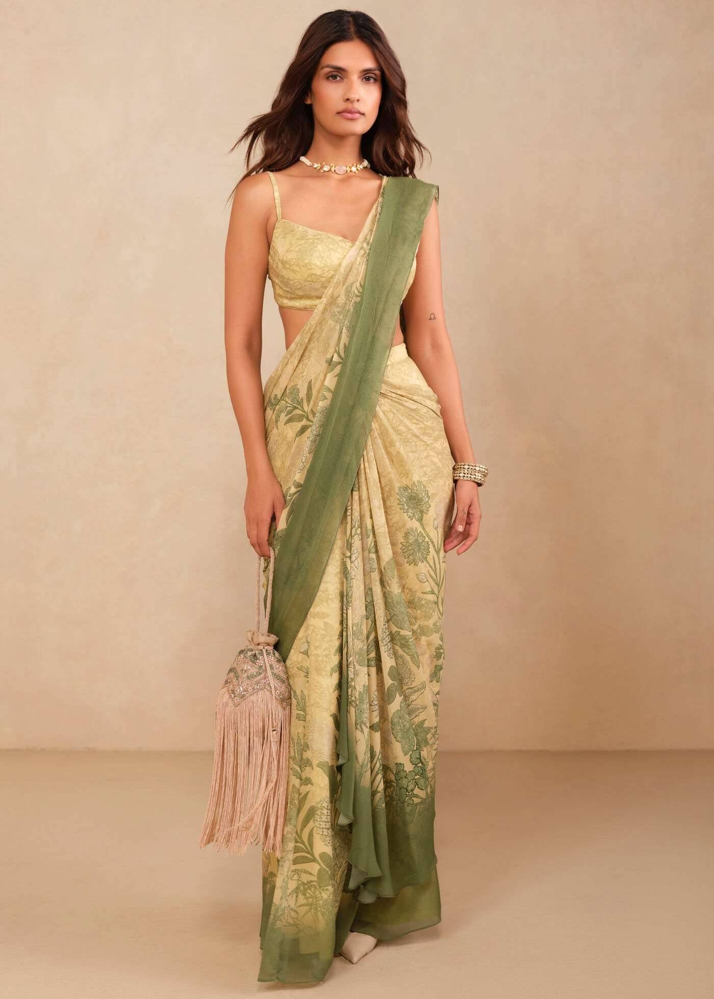 Butter Yellow Sage Floral Printed Sari Image - 0
