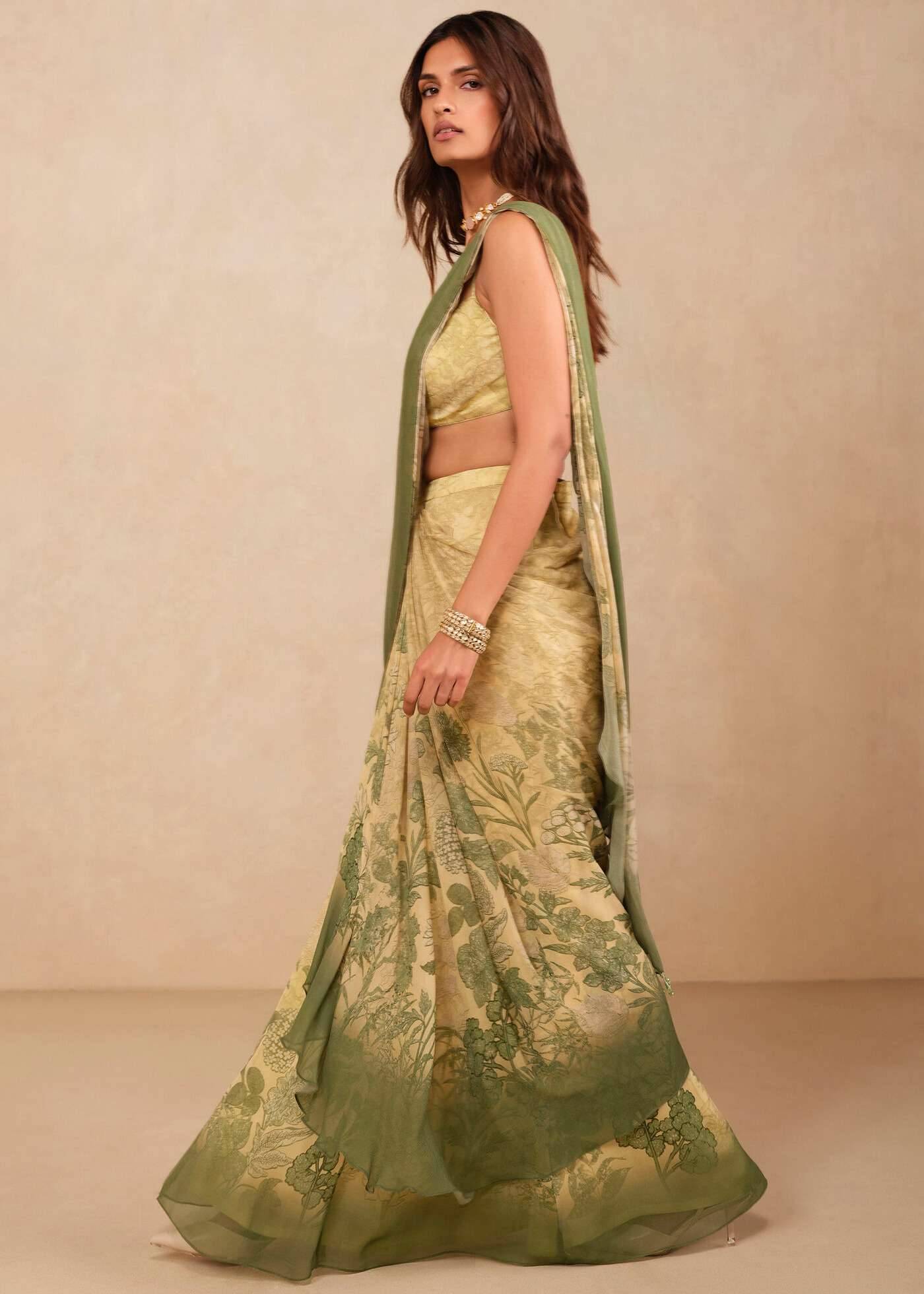 Butter Yellow Sage Floral Printed Sari Image - 3