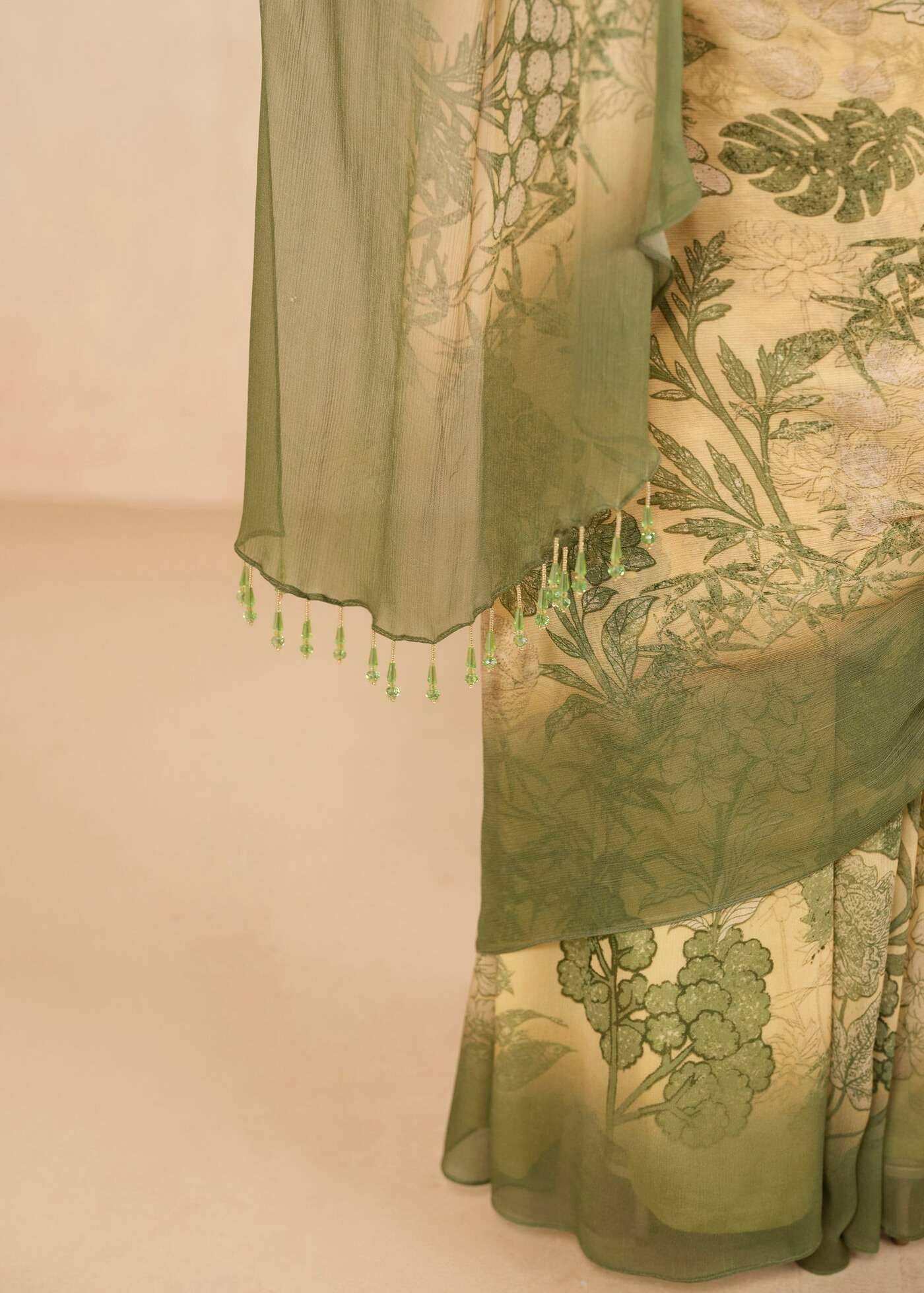 Butter Yellow Sage Floral Printed Sari Image - 4