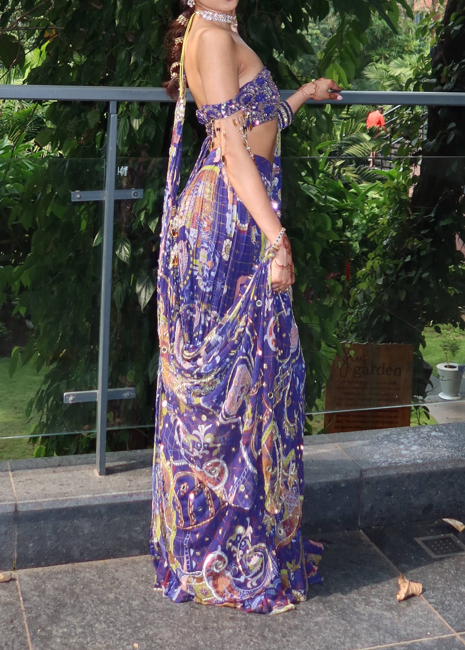 Blue Printed Pre-Draped Sari Image - 4