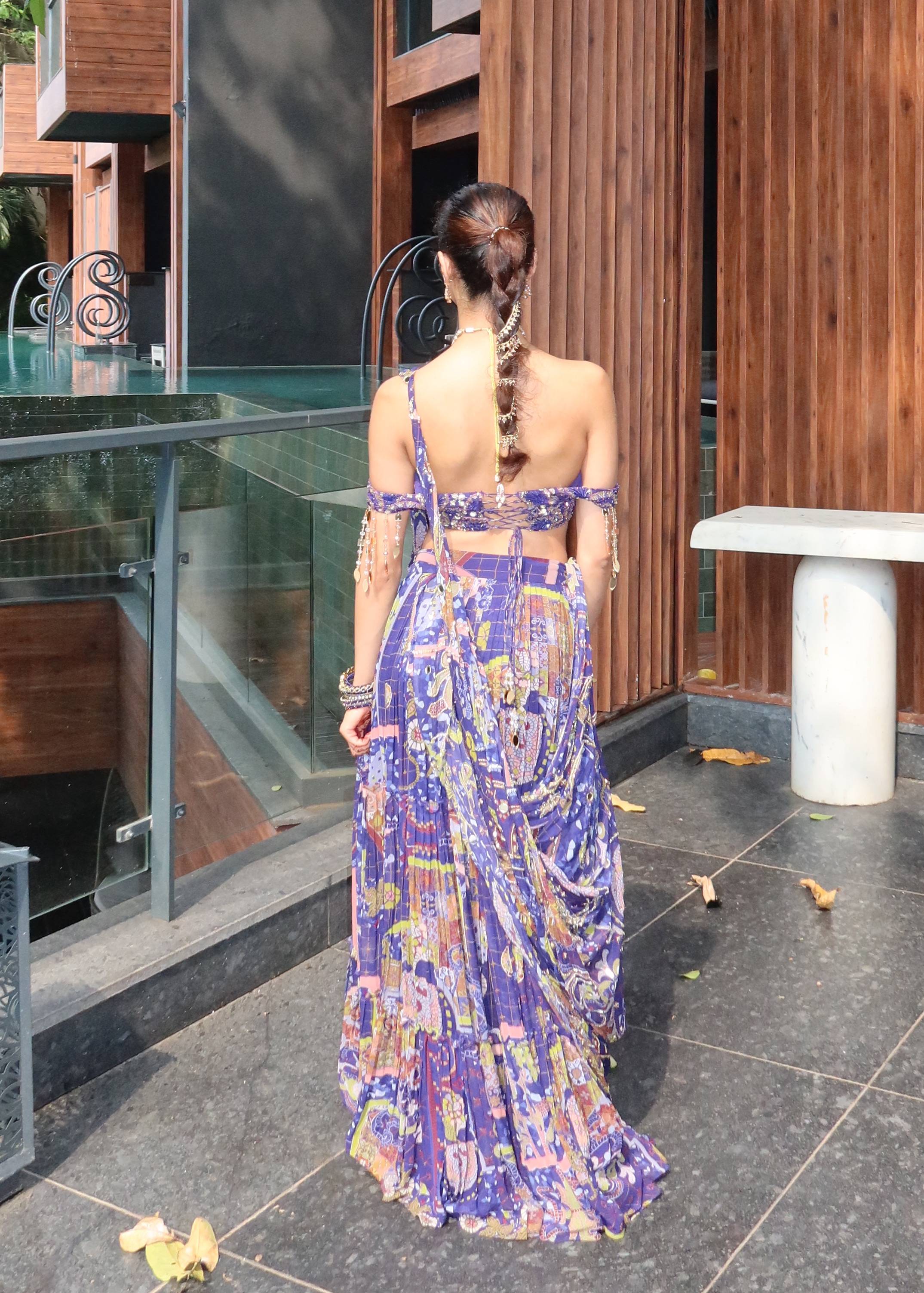 Blue Printed Pre-Draped Sari Image - 1