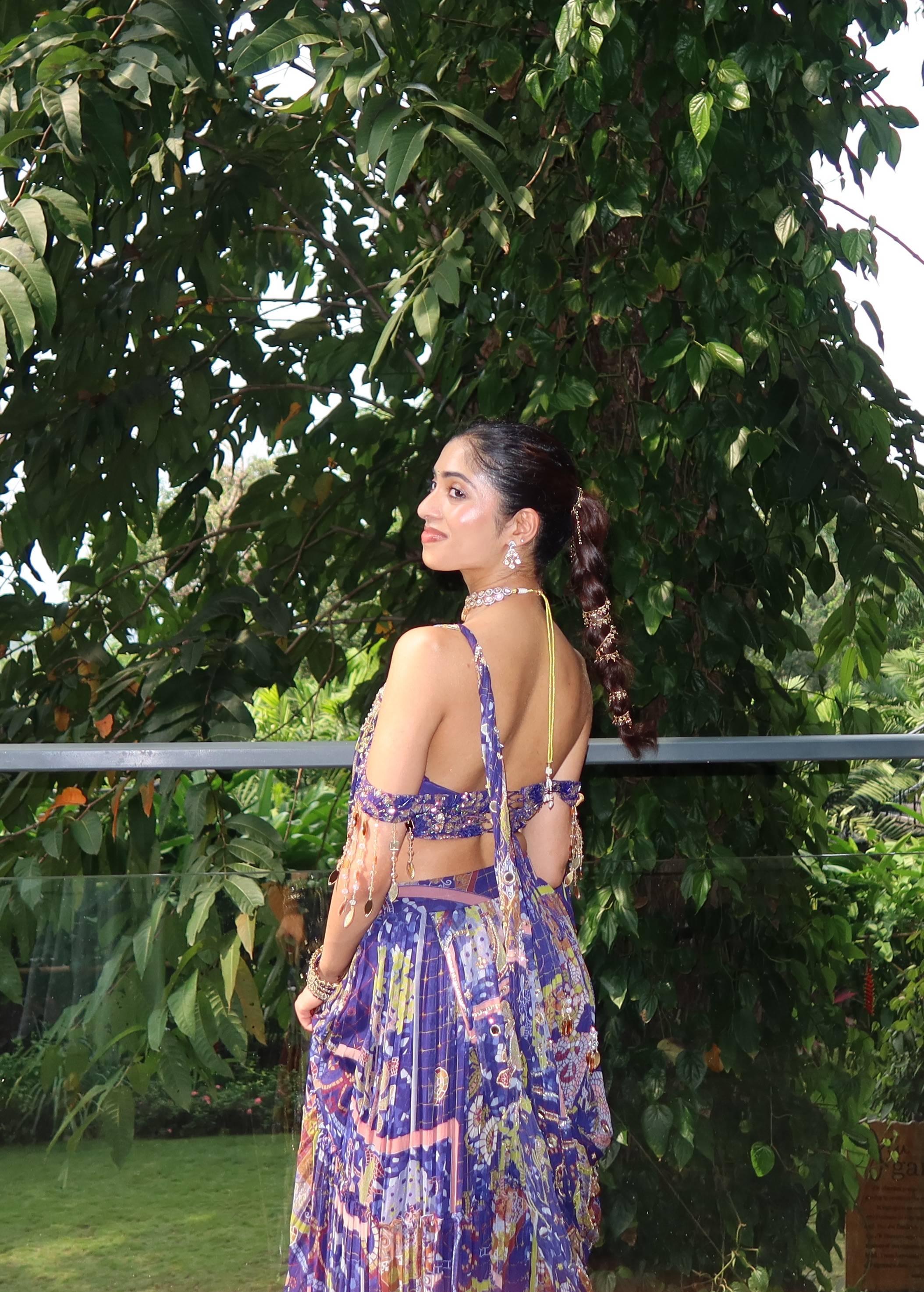Blue Printed Pre-Draped Sari Image - 2