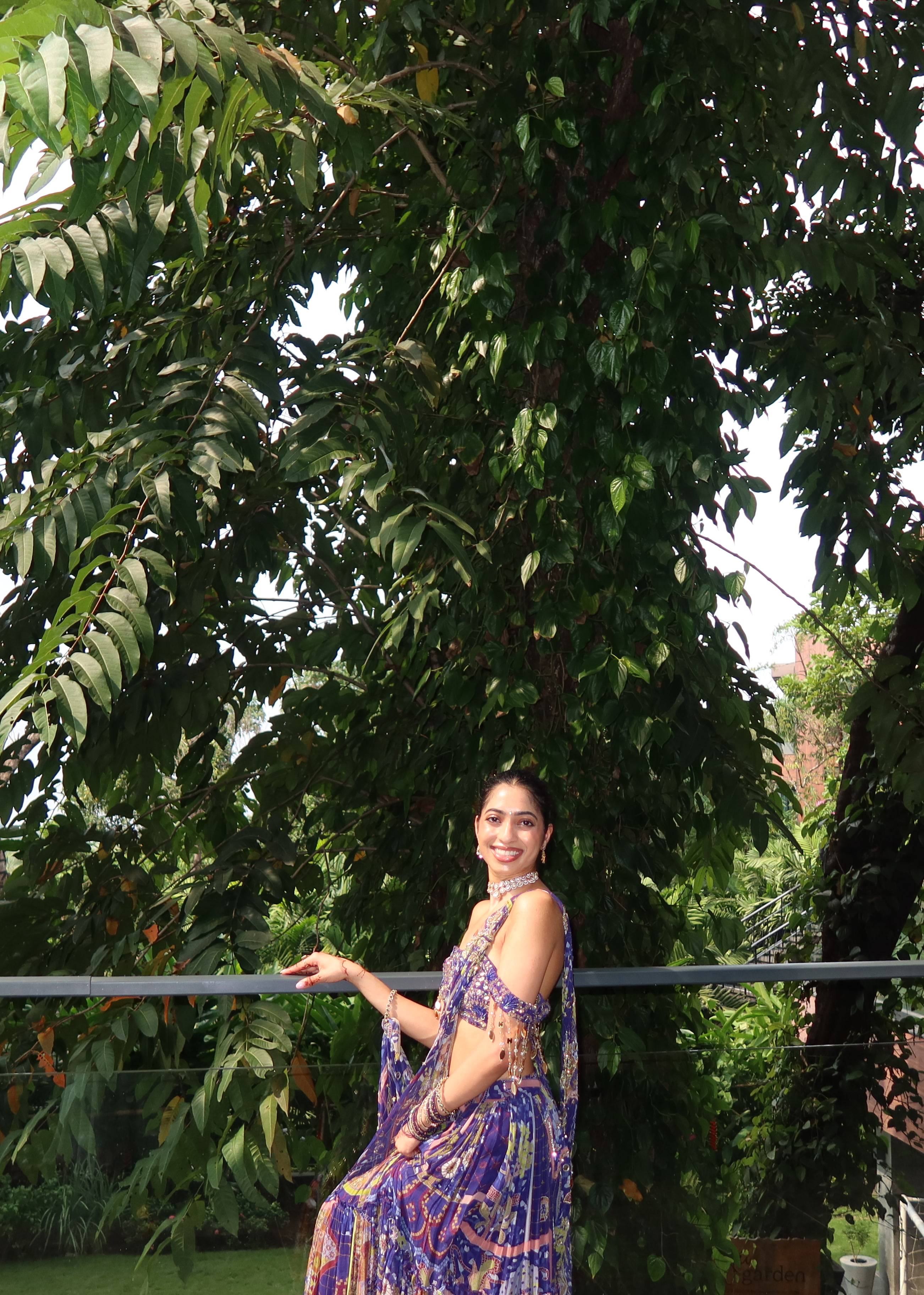 Blue Printed Pre-Draped Sari Image - 3