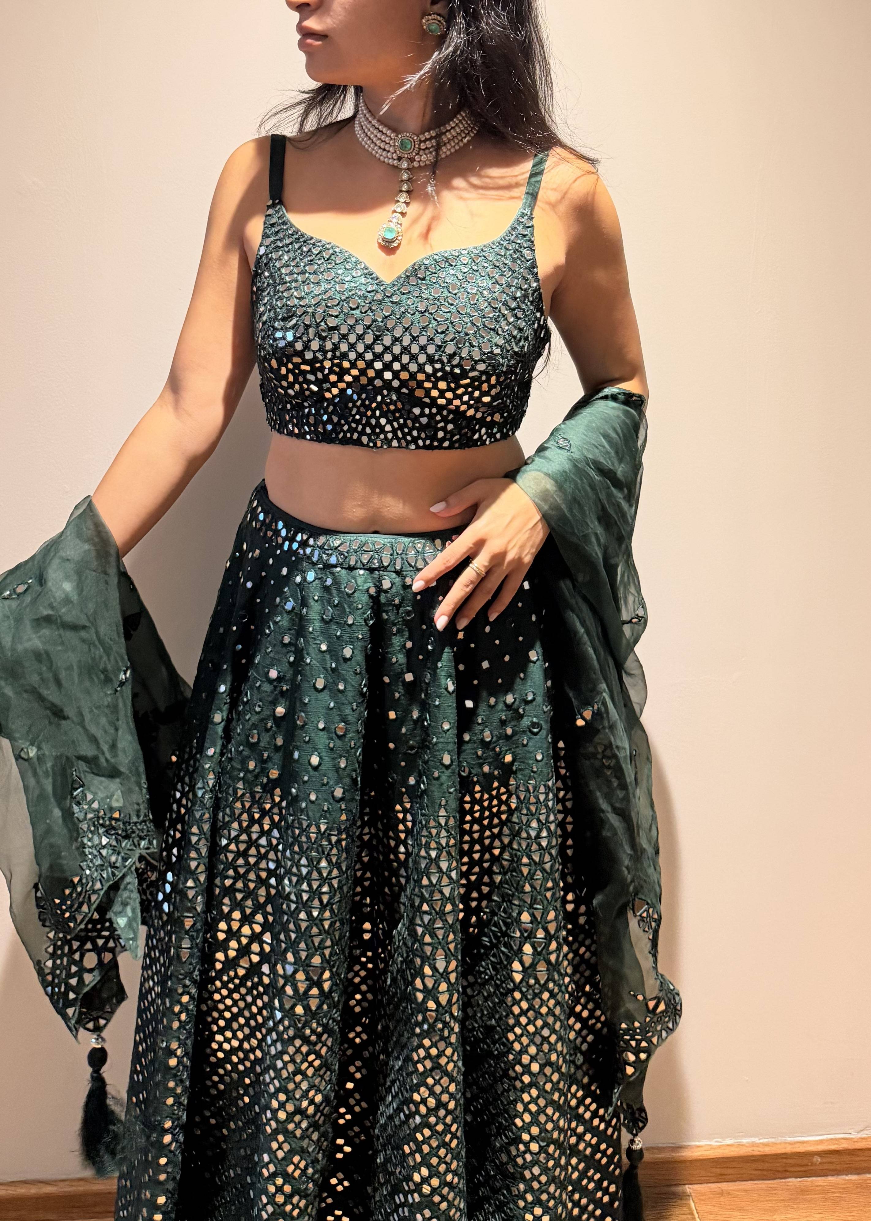 Emerald Green Mirror Work Lehenga Image - 1