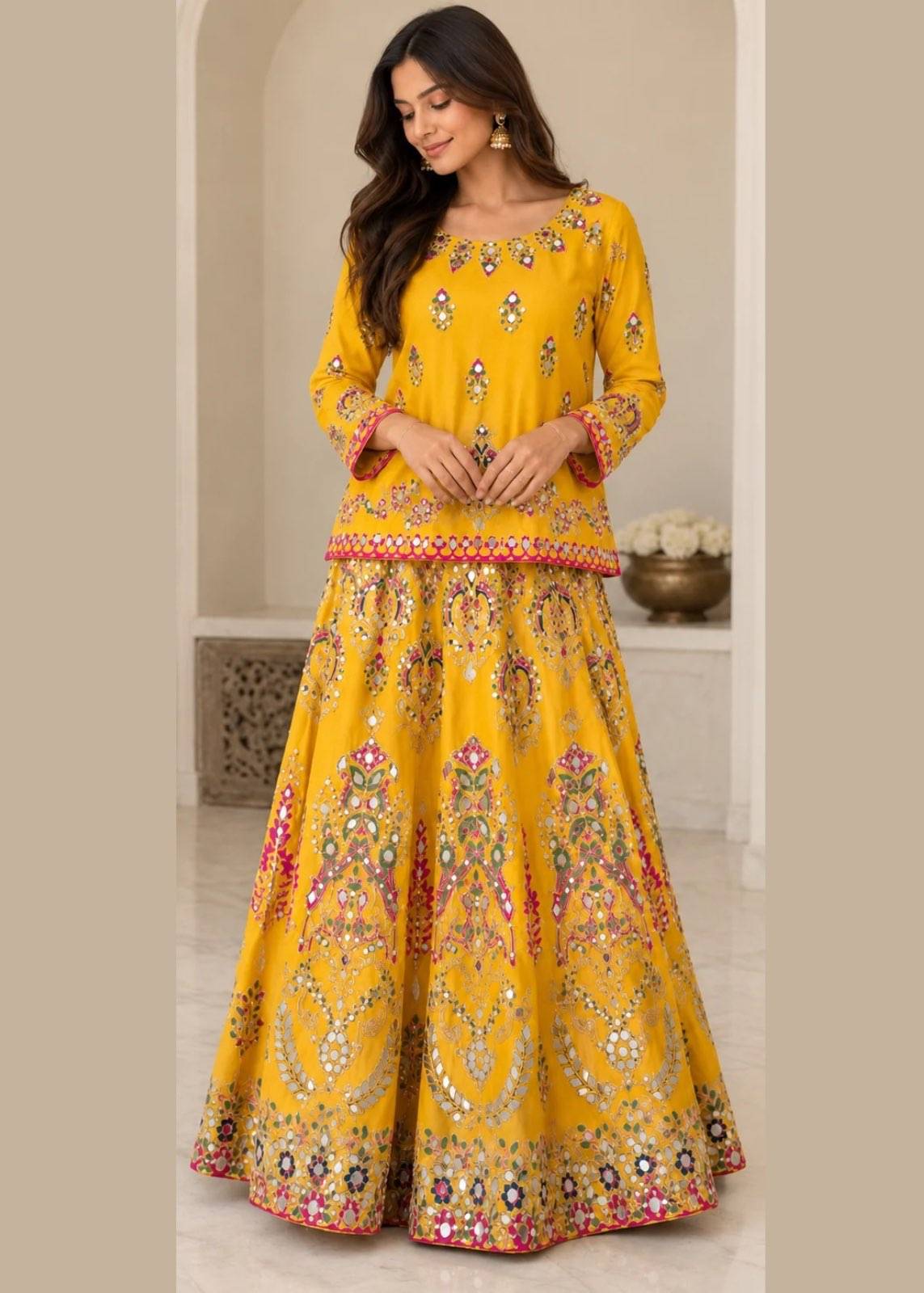 Mustard Yellow Mirror Work Lehenga Image - 0