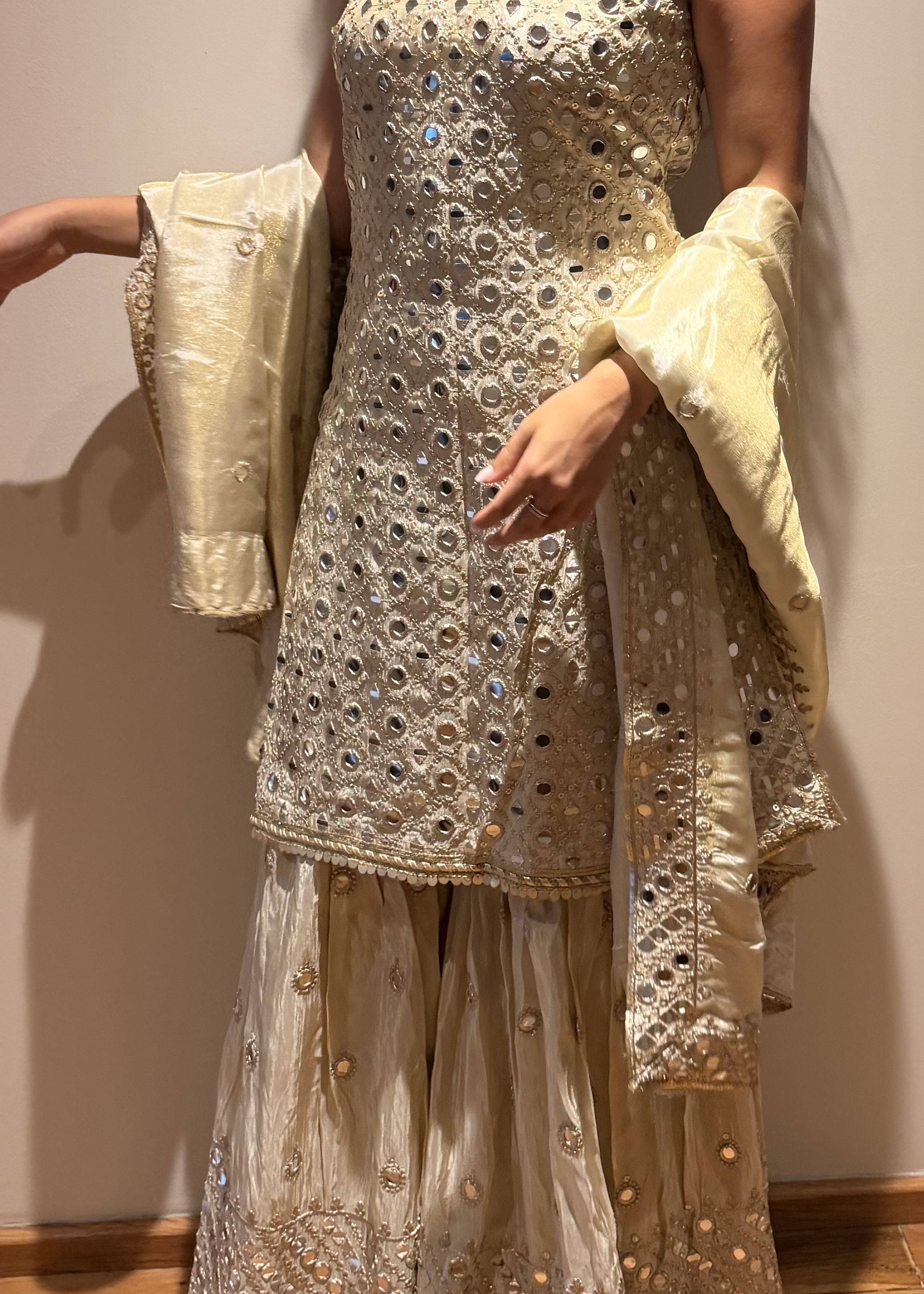 Ivory Mirrorwork Sharara Set Image - 2