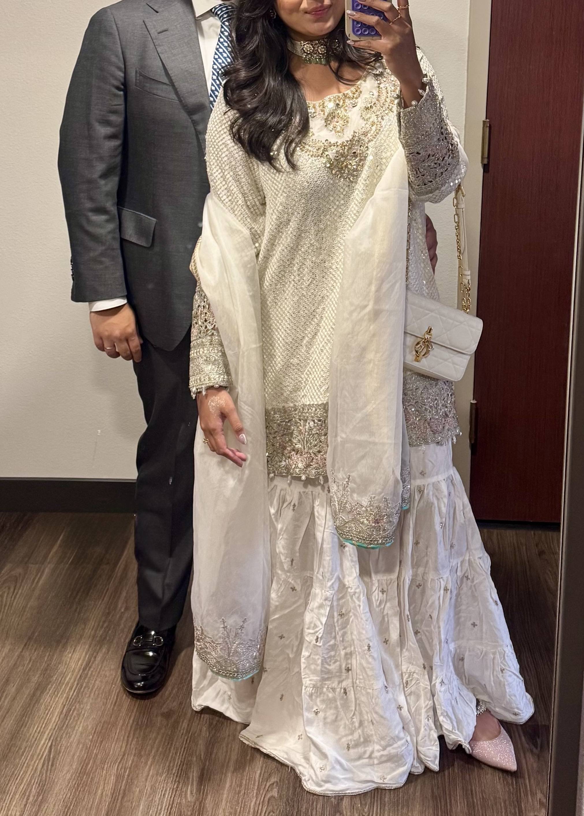 Ivory and Gold Sequin Sharara Set Image - 2
