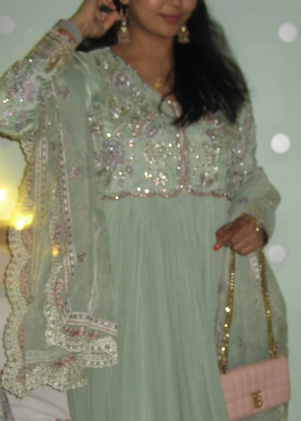 Sage Green Embellished Anarkali Set Image - 3