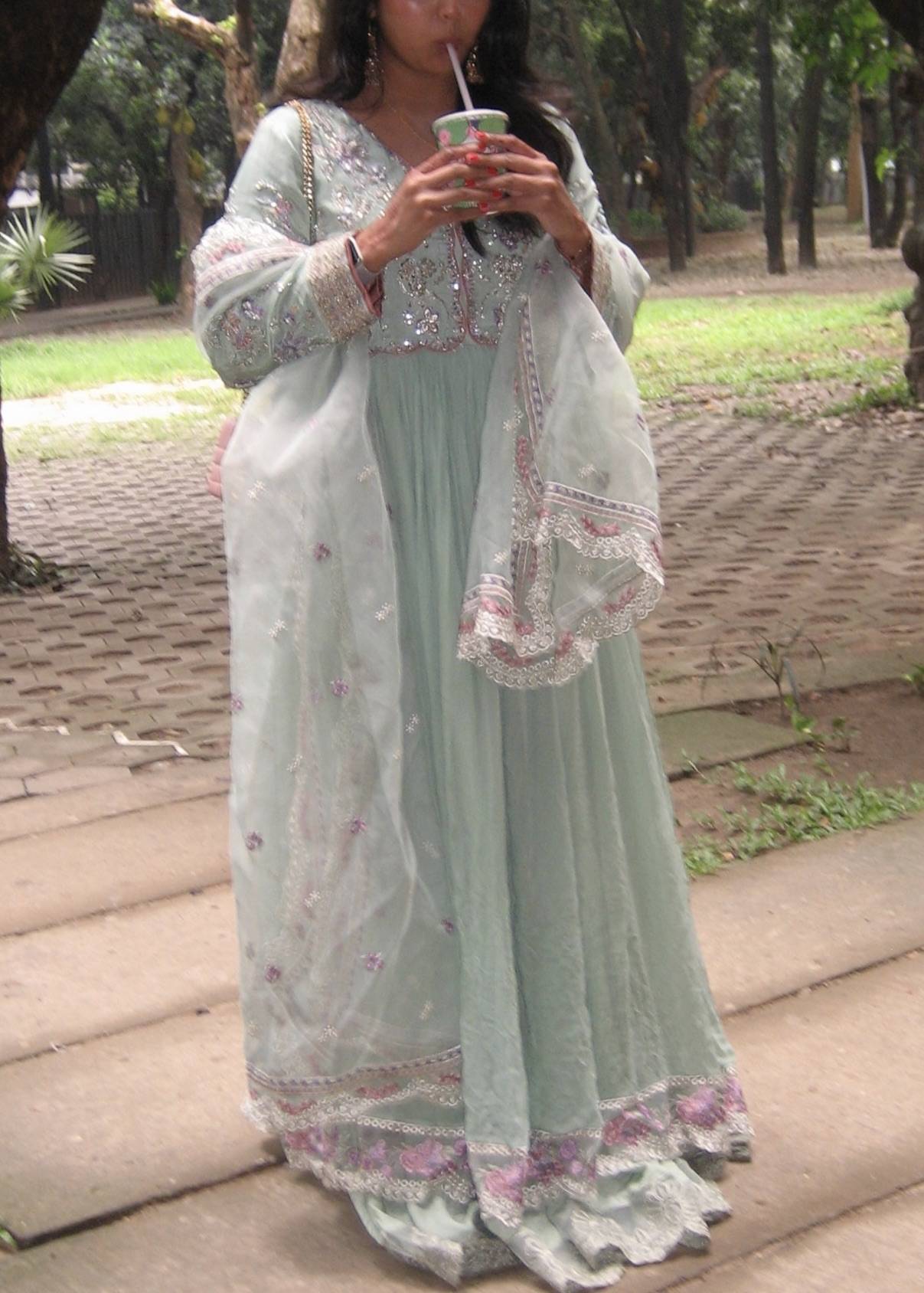 Sage Green Embellished Anarkali Set Image - 0