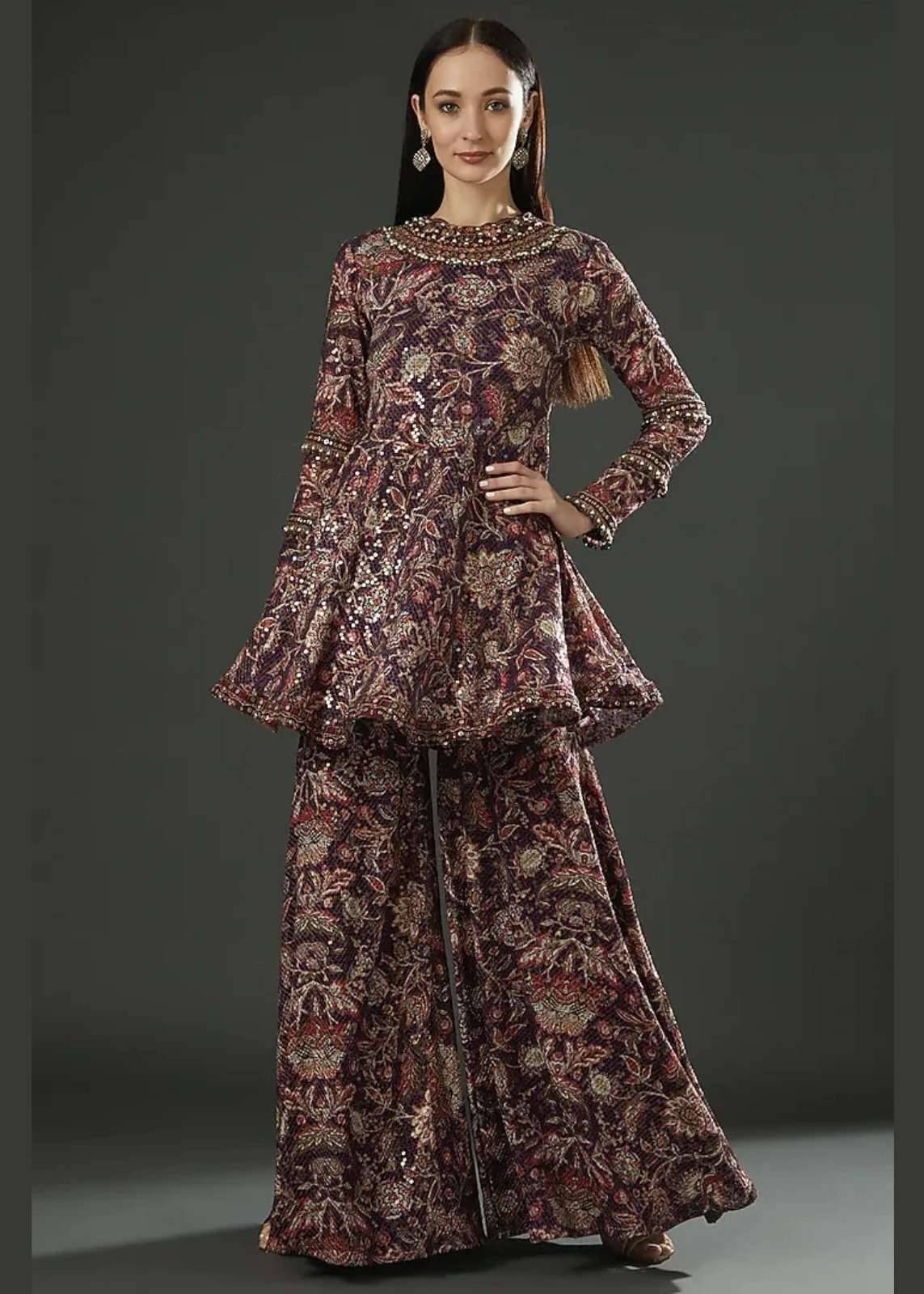Plum Floral Printed Sharara Set Image - 0