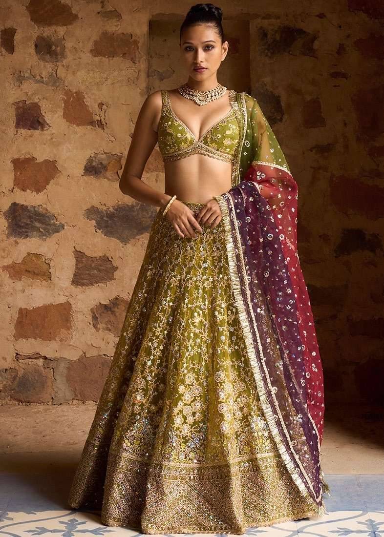 Olive Green Embroidered Lehenga Set Image - 0