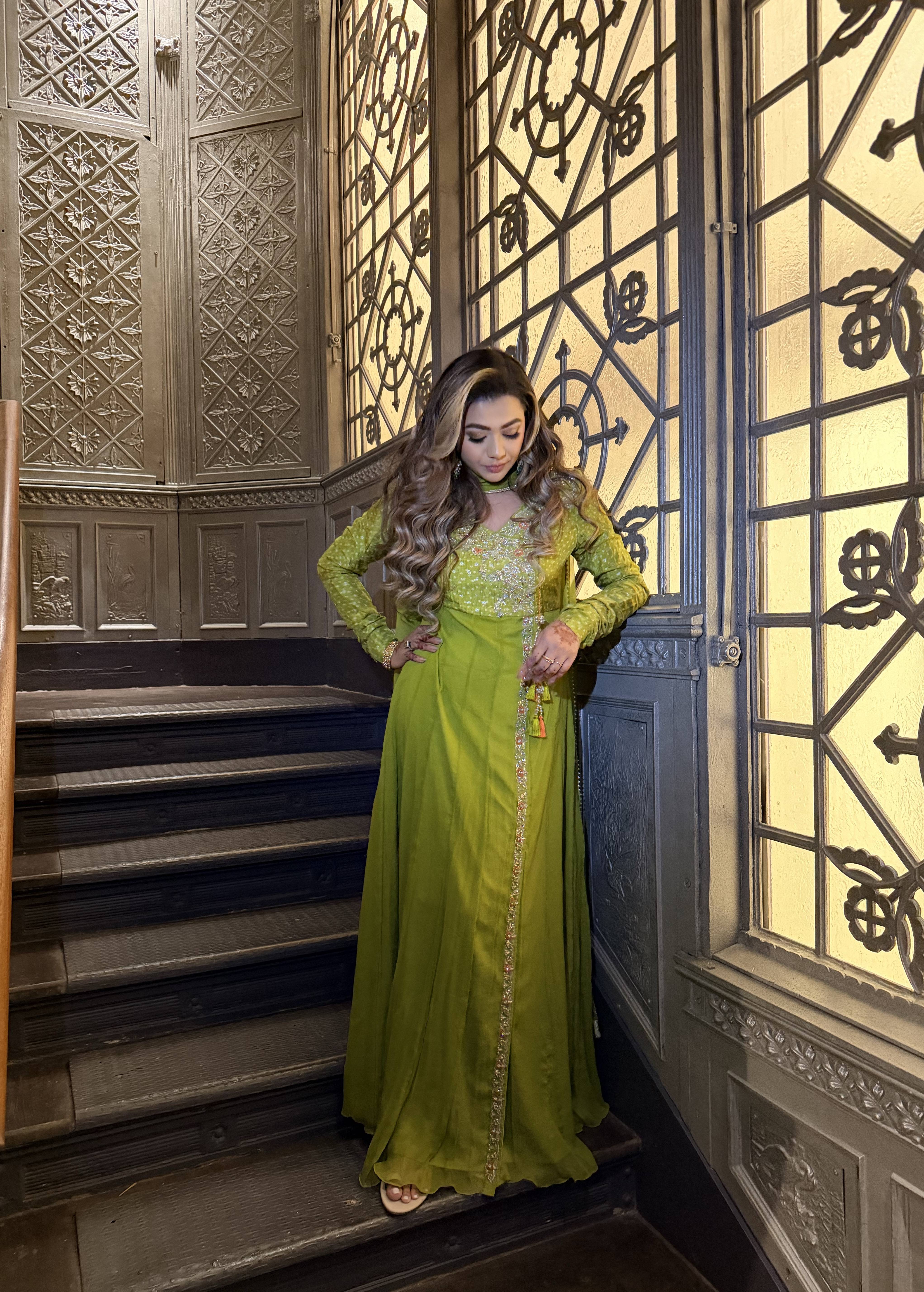 Parrot Green Embroidered Anarkali Set Image - 2