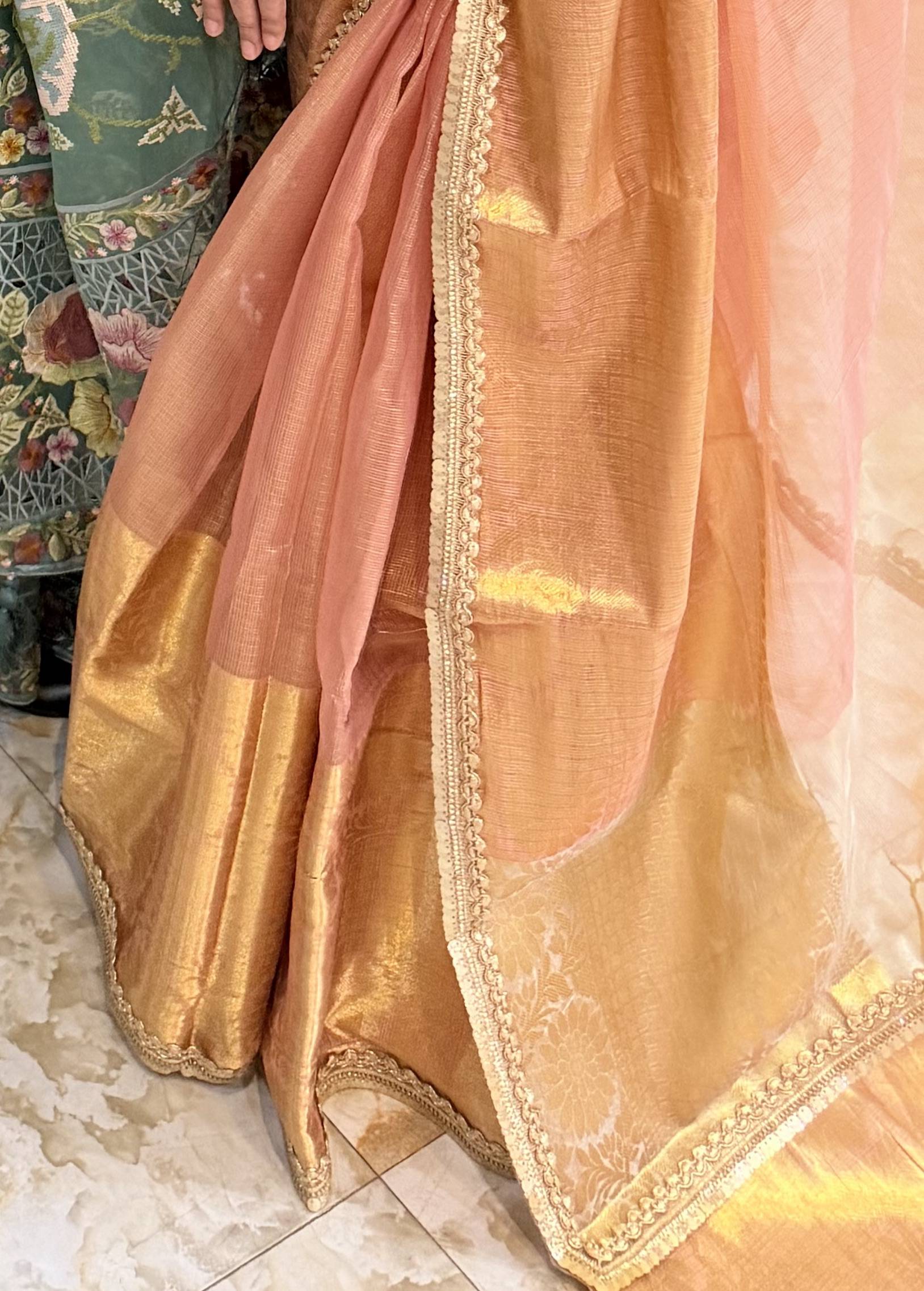 Peach and Gold Zari Sari Image - 2