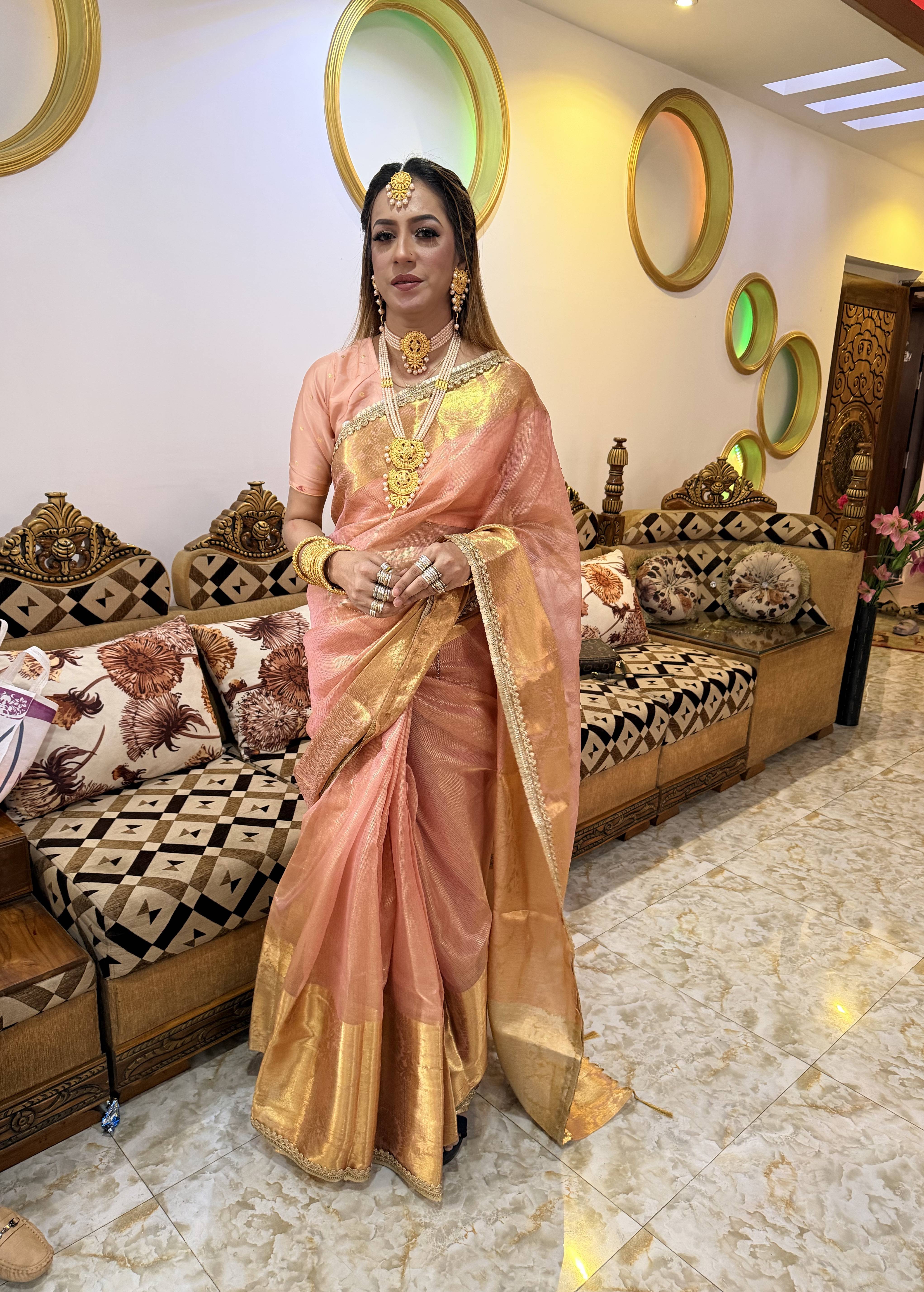 Peach and Gold Zari Sari Image - 1