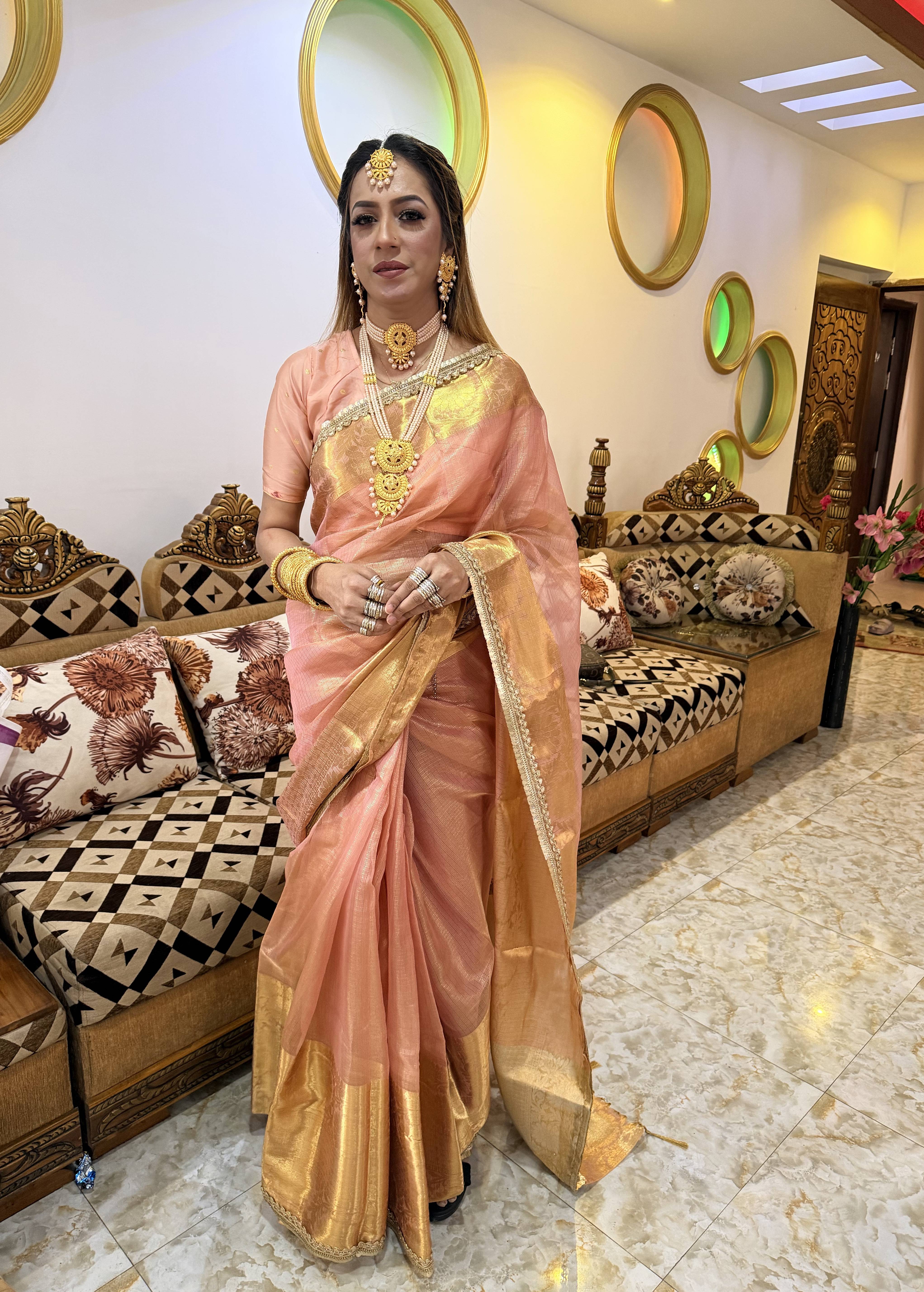 Peach and Gold Zari Sari Image - 0