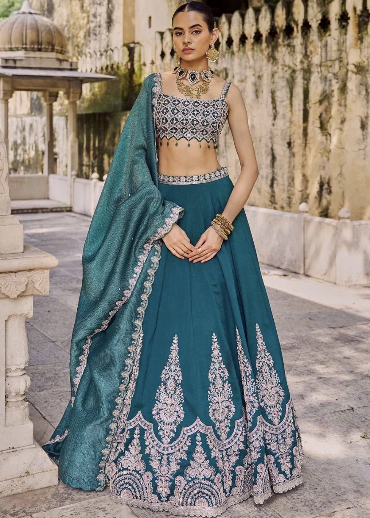 Teal Embroidered Lehenga Set Image - 0