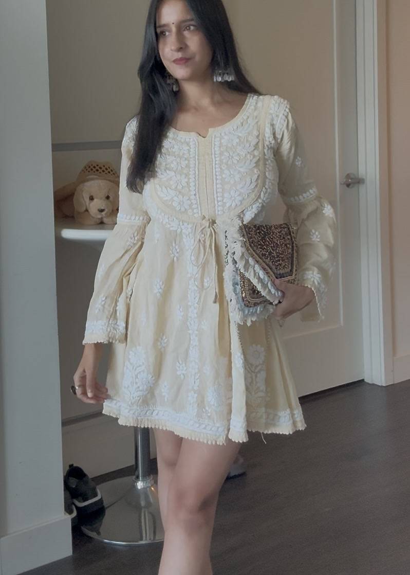 Ivory Chikankari Short Dress Image - 0