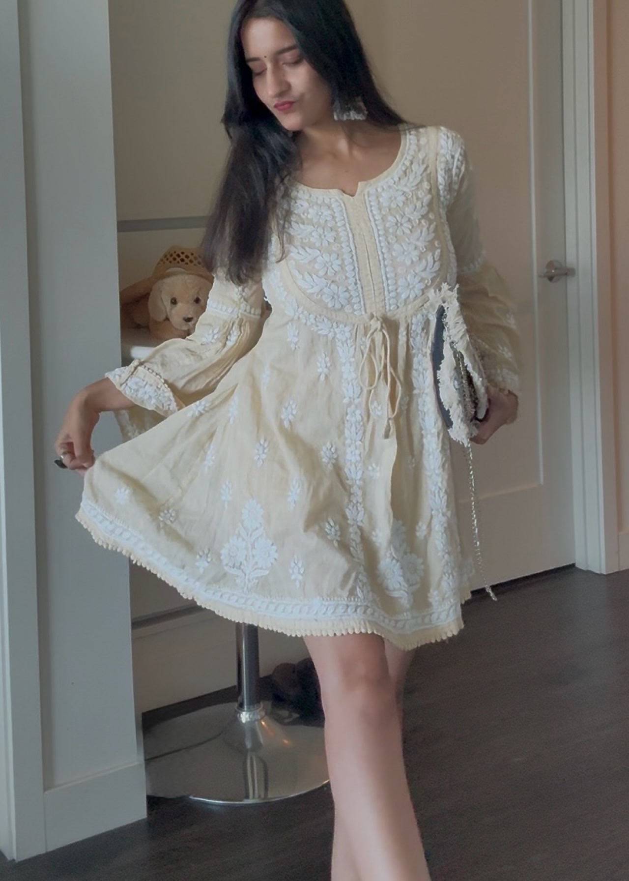 Ivory Chikankari Short Dress Image - 2