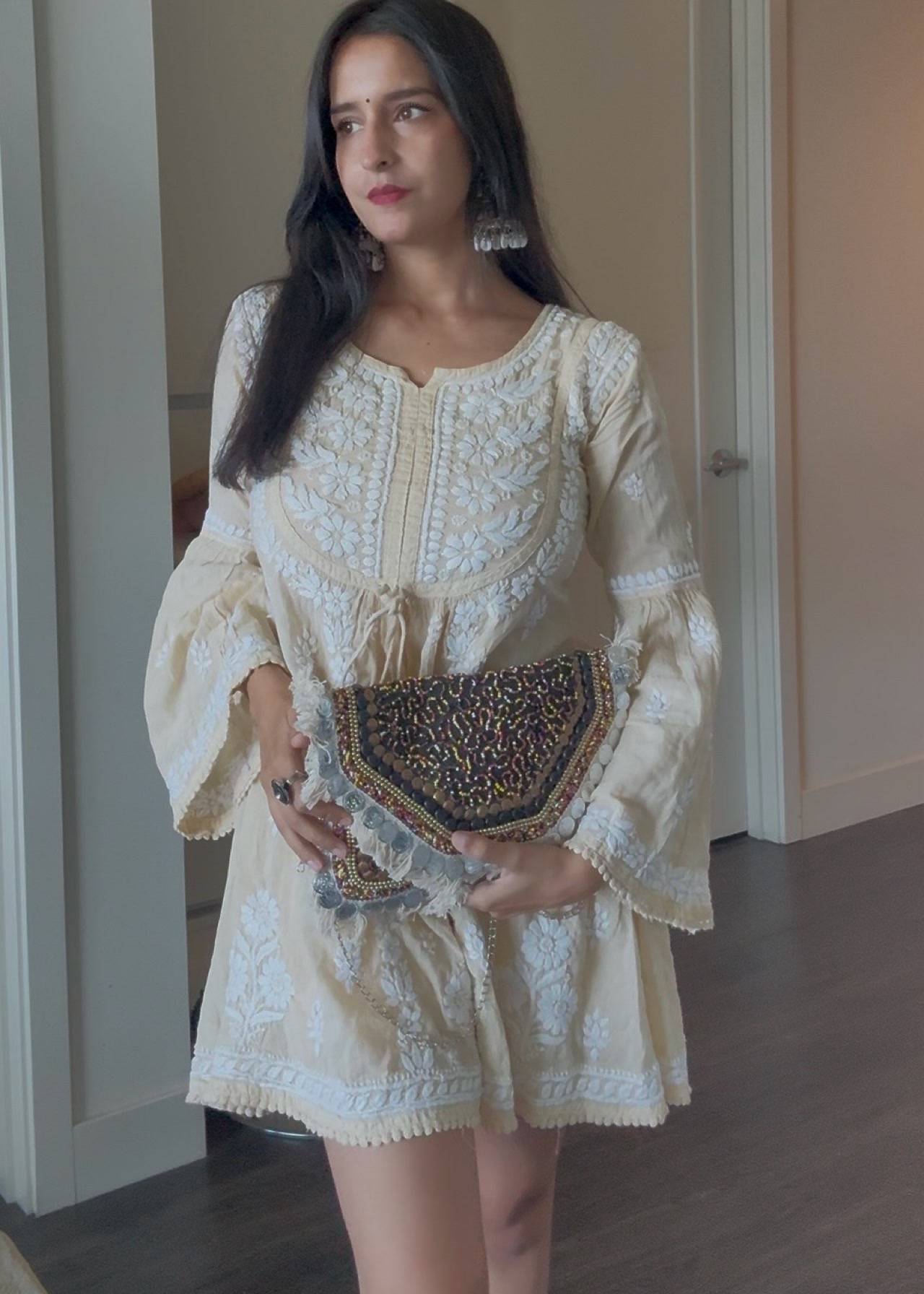 Ivory Chikankari Short Dress Image - 1