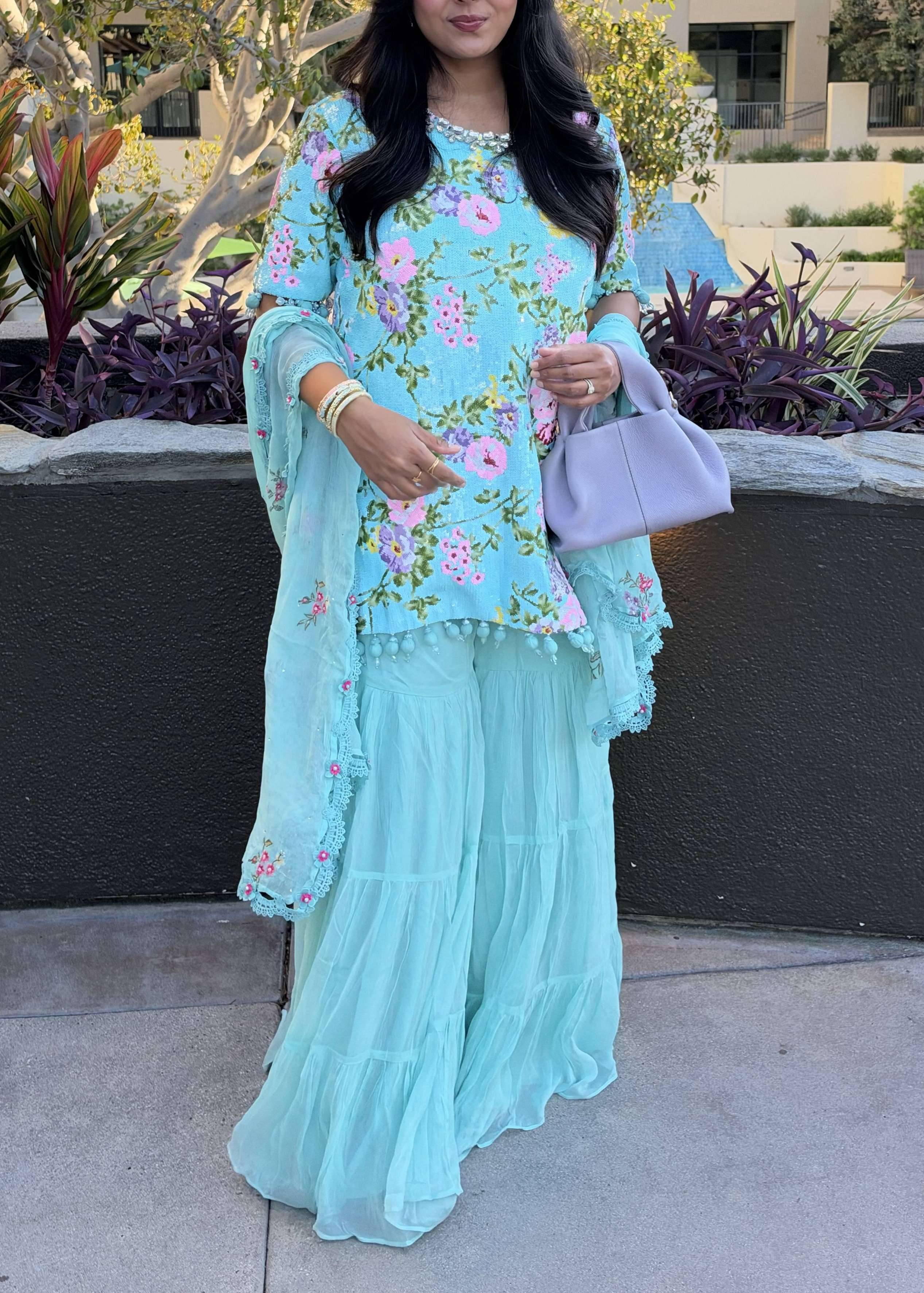 Aqua Floral Embroidered Sharara Set Image - 0