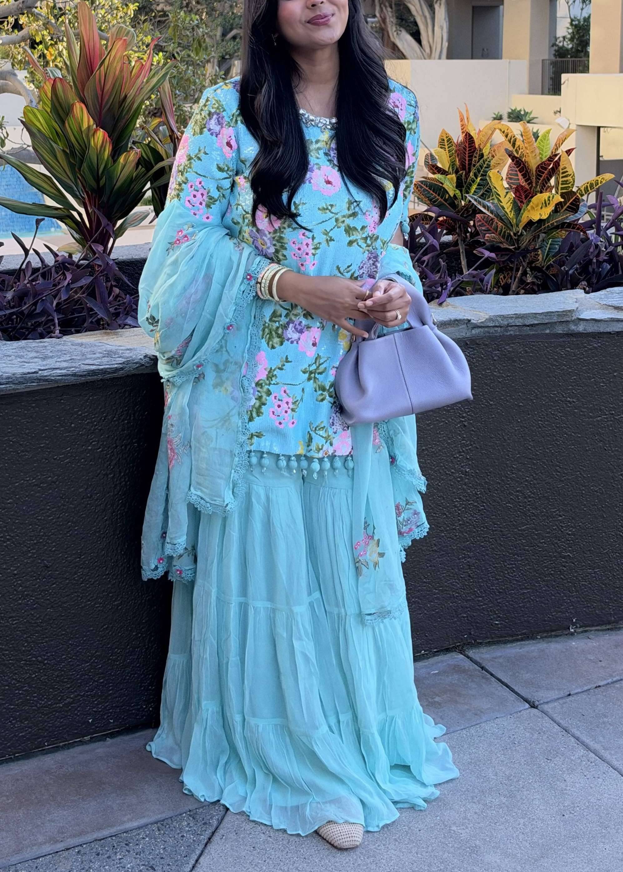 Aqua Floral Embroidered Sharara Set Image - 1