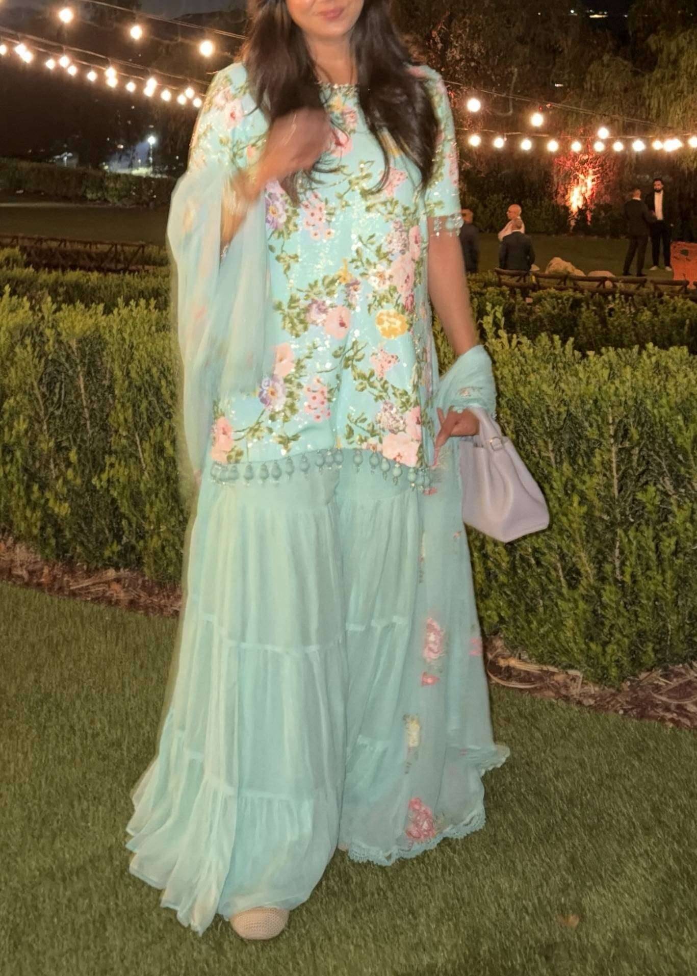 Aqua Floral Embroidered Sharara Set Image - 2