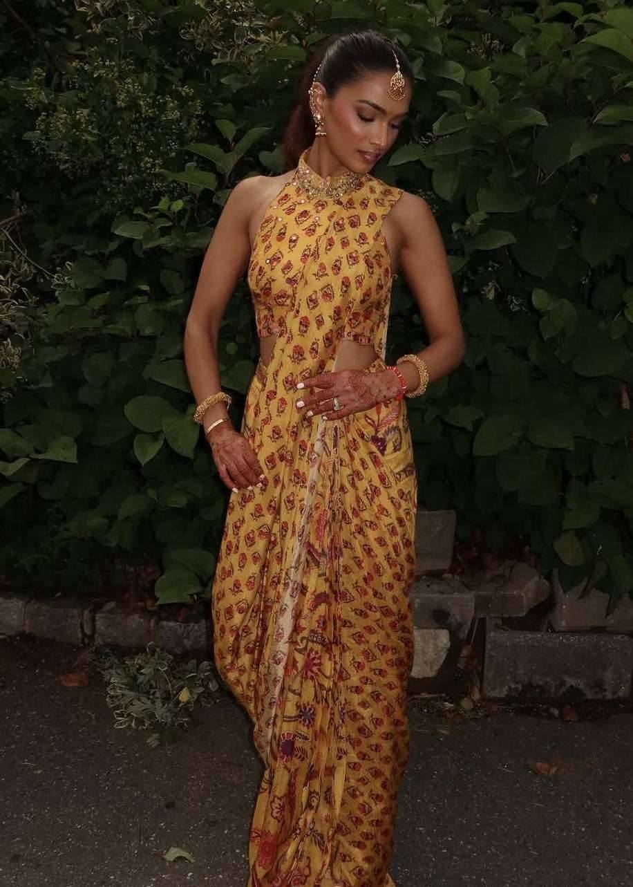 Mustard Yellow Printed Pre-Draped Sari Image - 2