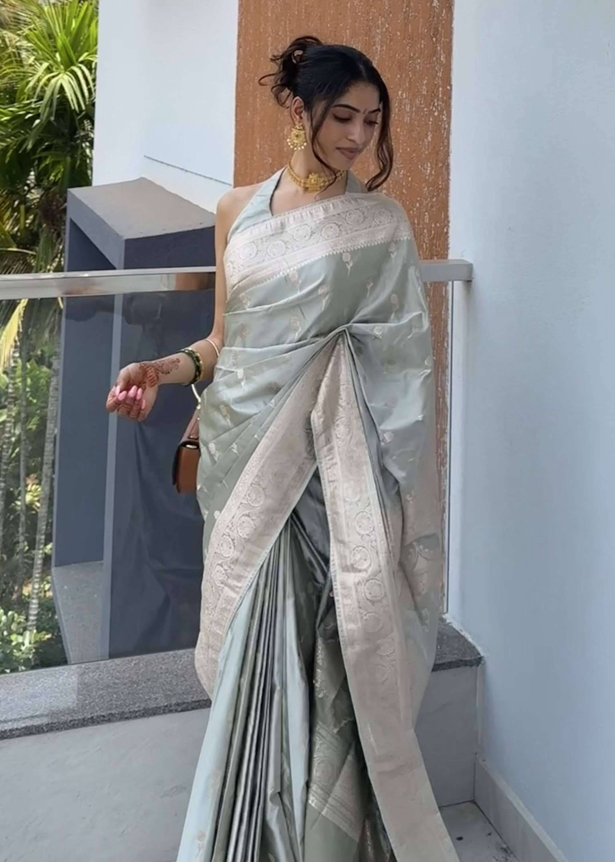 Gray Halter Neck Saree Image - 0