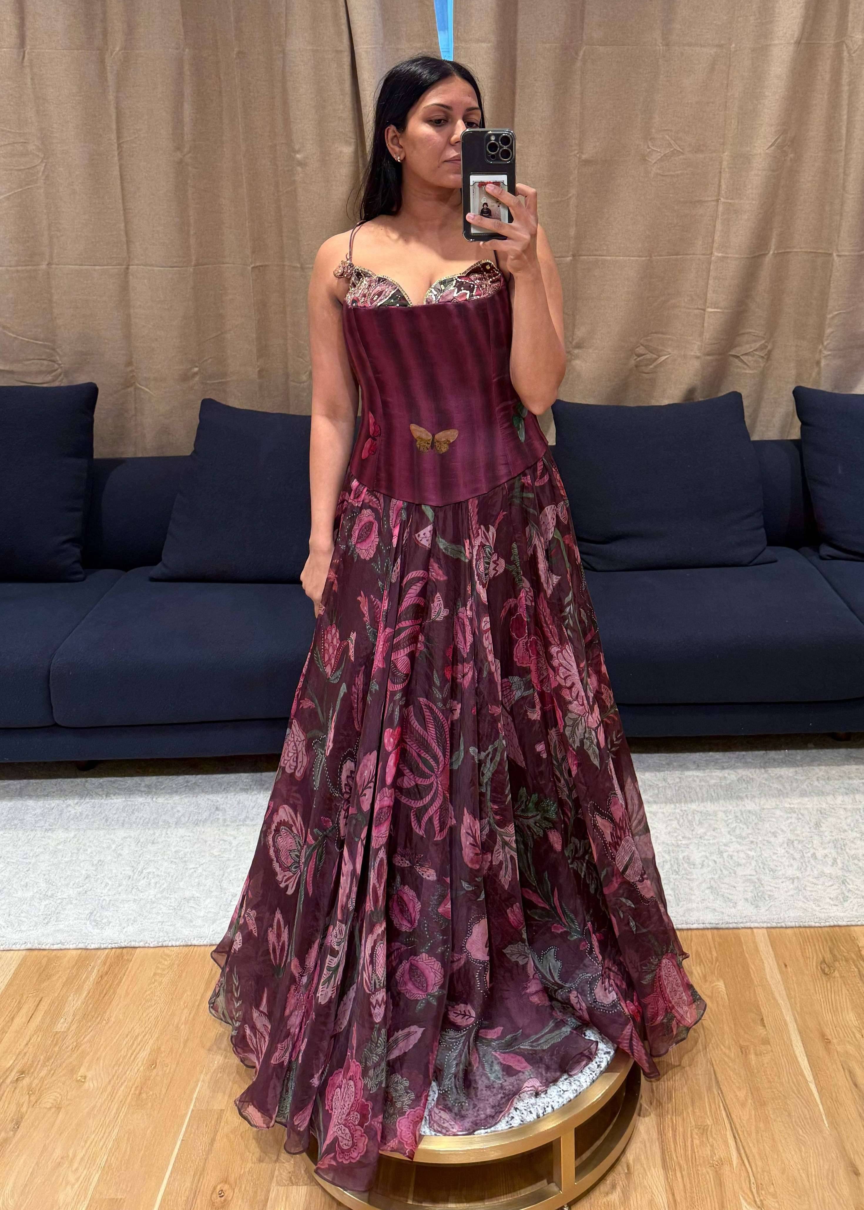 Maroon Floral Corset Gown Set Image - 0