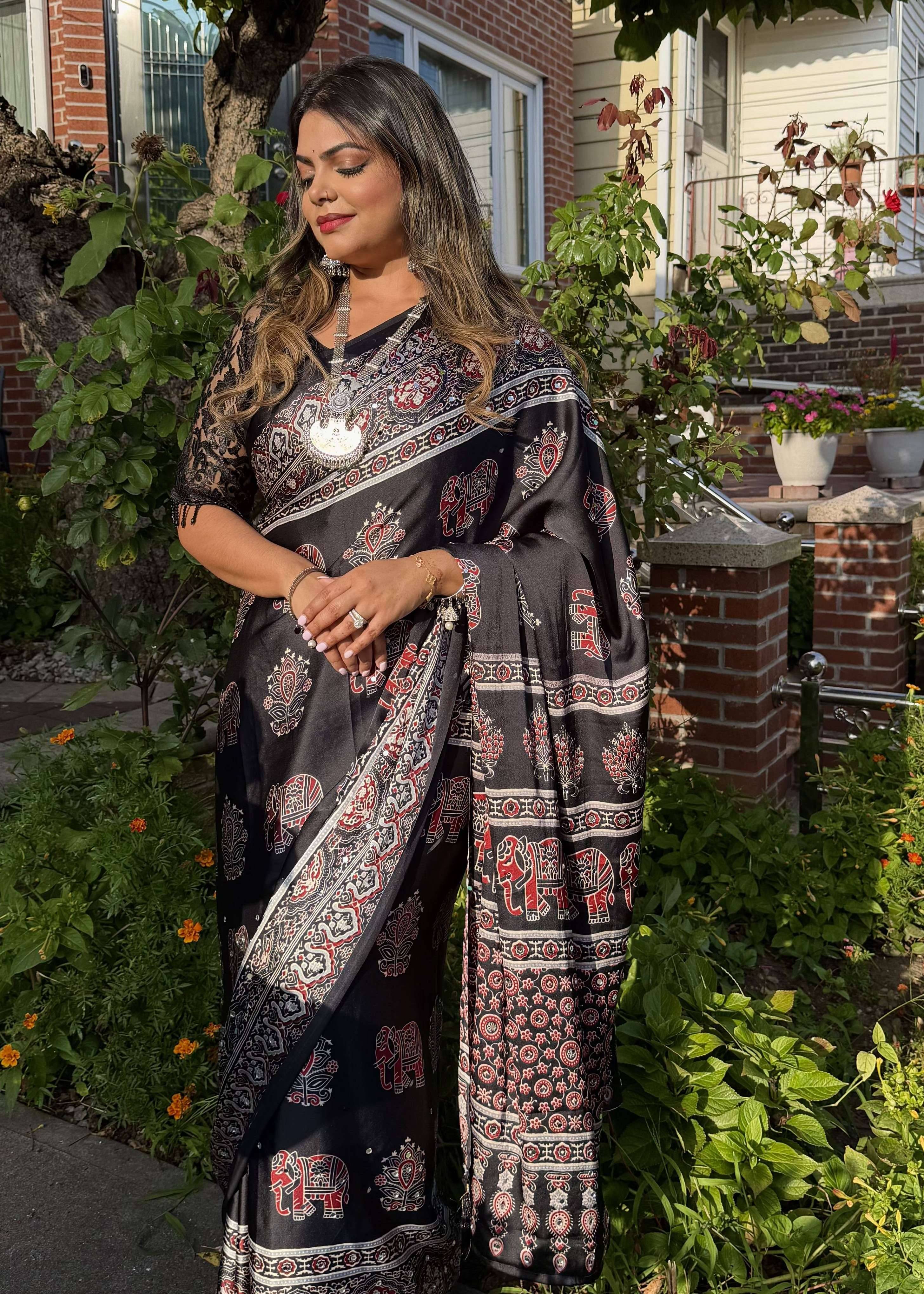 Black Ajrakh Print Sari Image - 1
