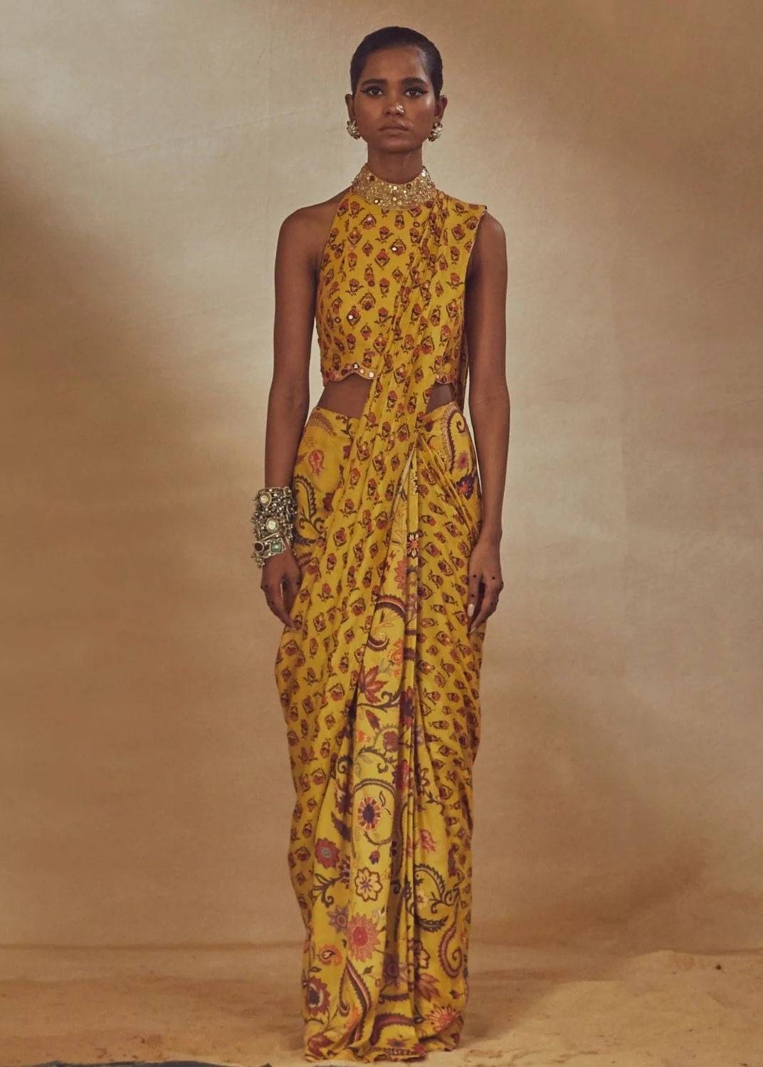 Mustard Yellow Printed Pre-Draped Sari Image - 0