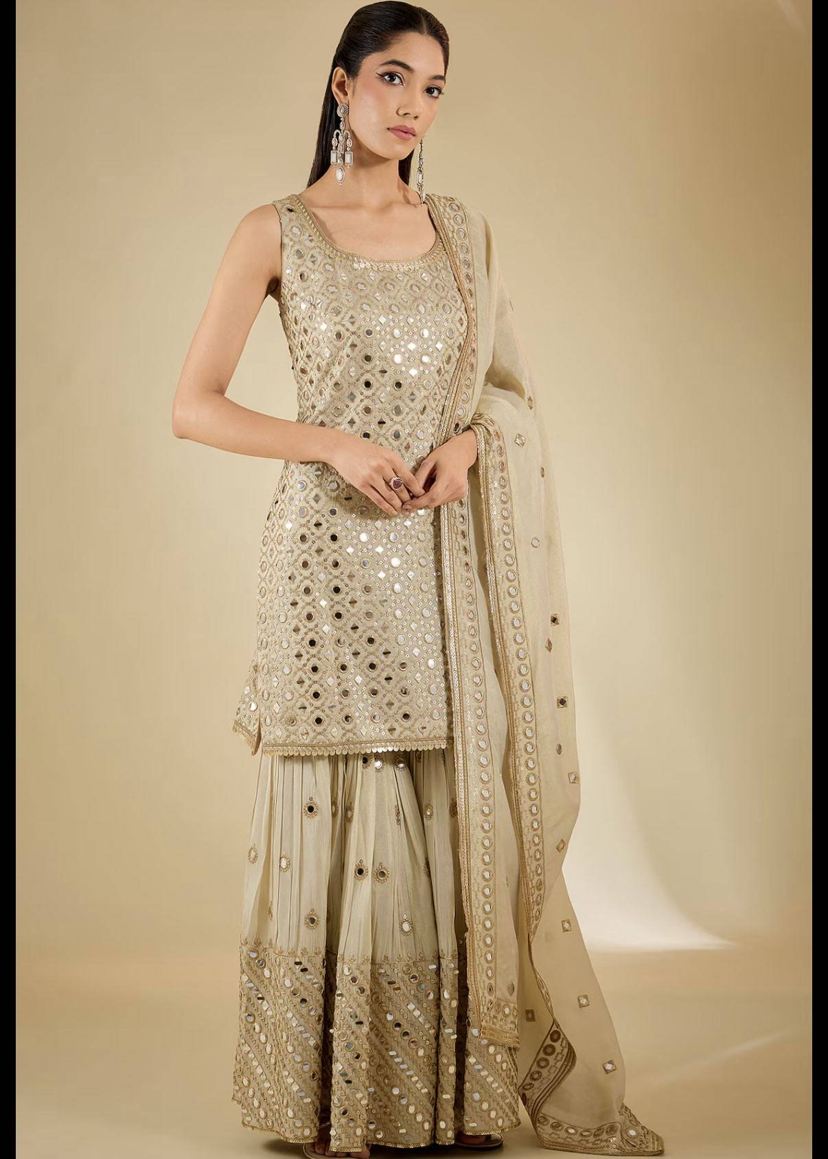 Ivory Mirrorwork Sharara Set Image - 0