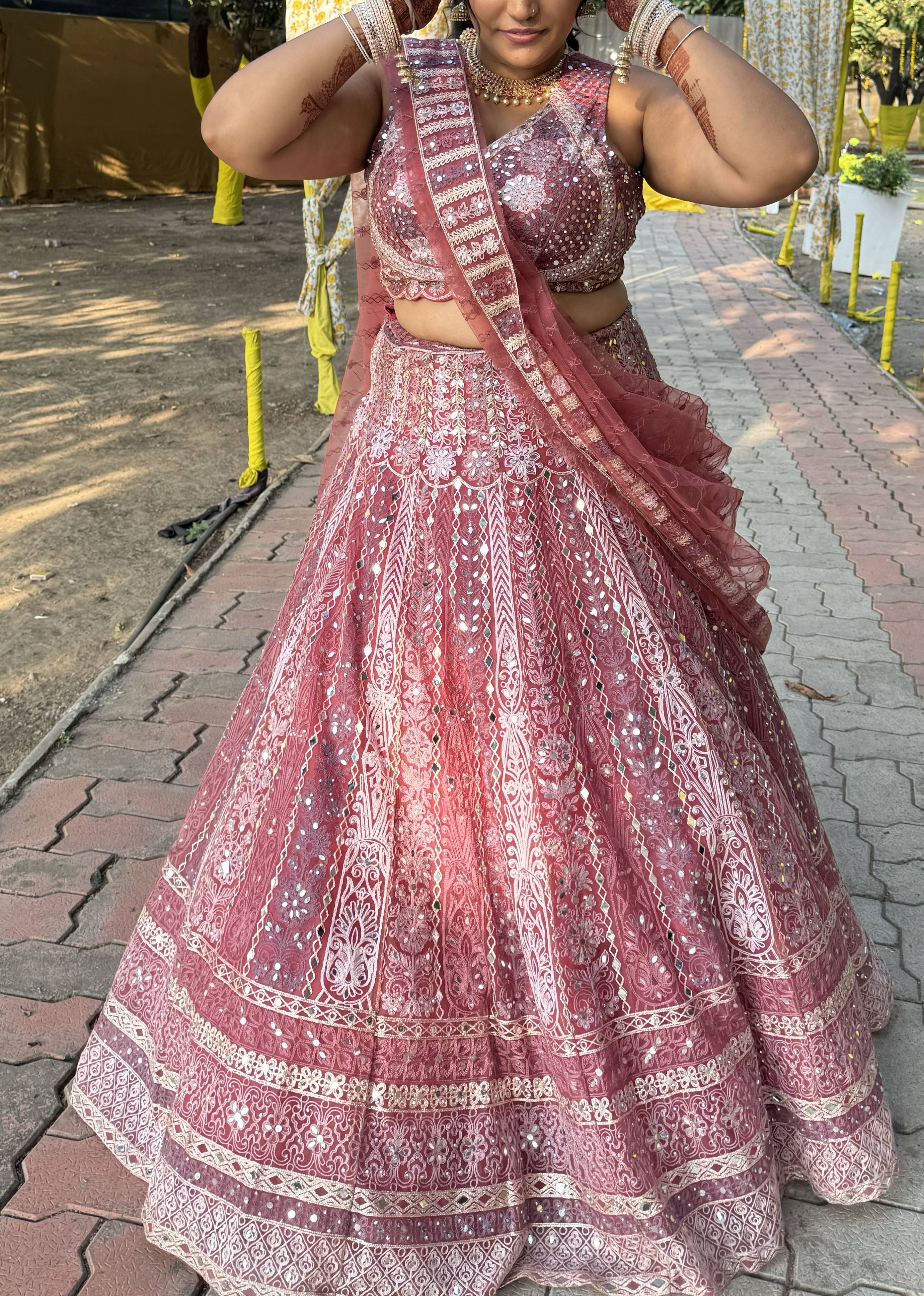 Dusty Rose Mirrorwork Halter Lehenga Set Image - 0