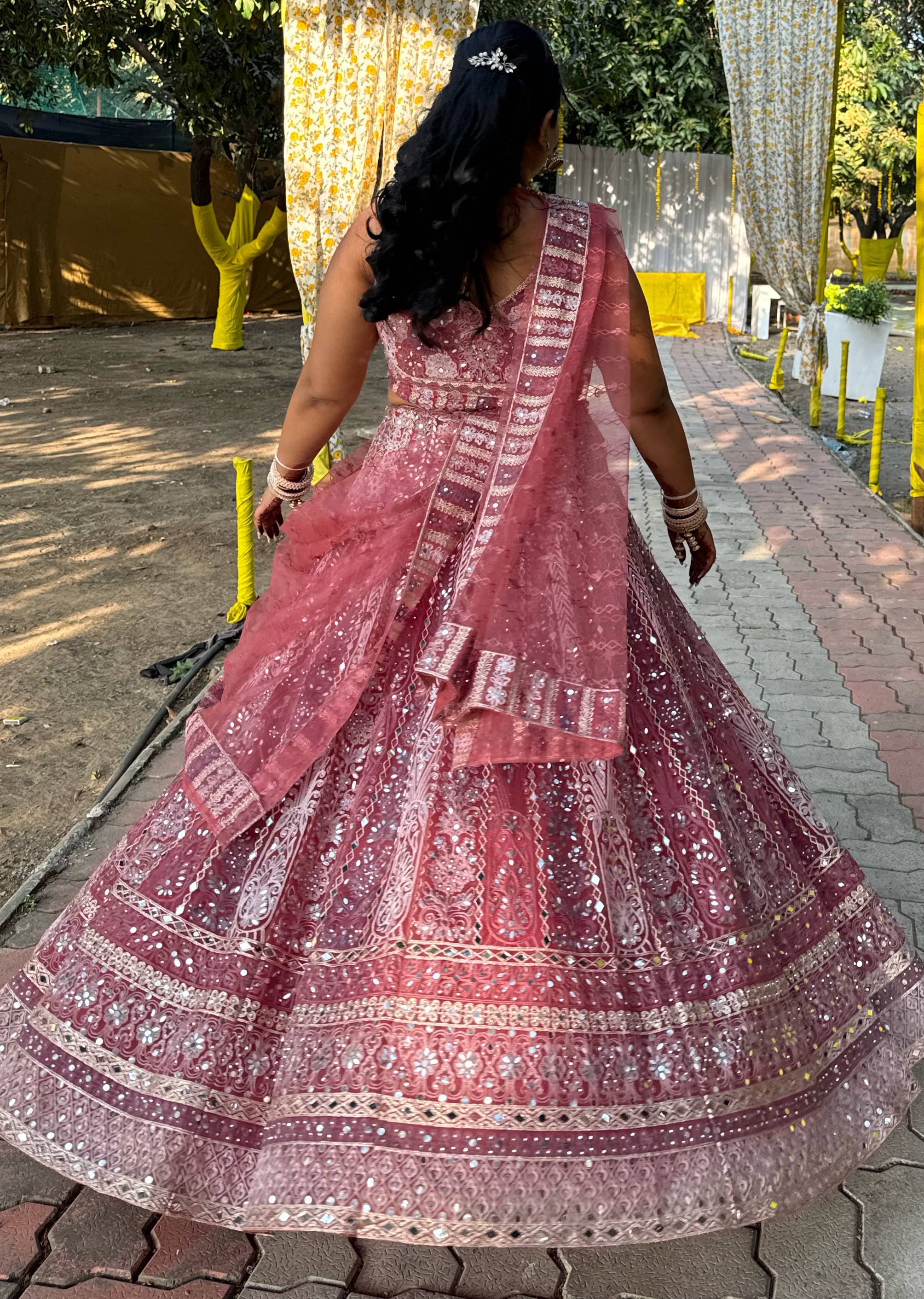 Dusty Rose Mirrorwork Halter Lehenga Set Image - 1