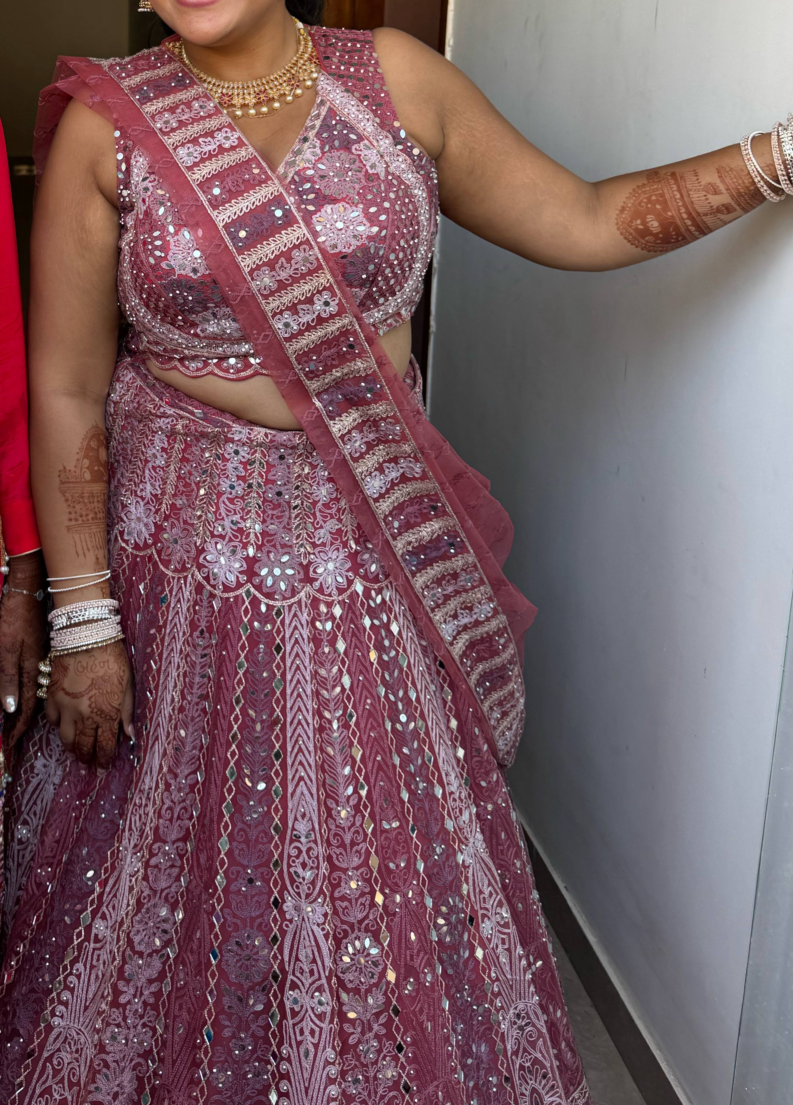 Dusty Rose Mirrorwork Halter Lehenga Set Image - 2