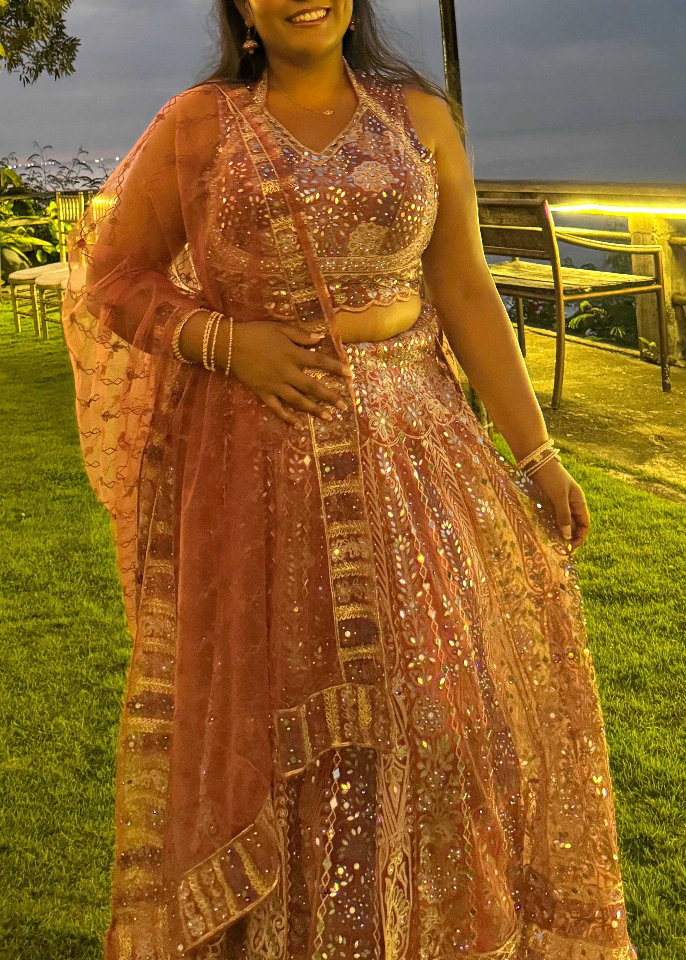 Dusty Rose Mirrorwork Halter Lehenga Set Image - 3