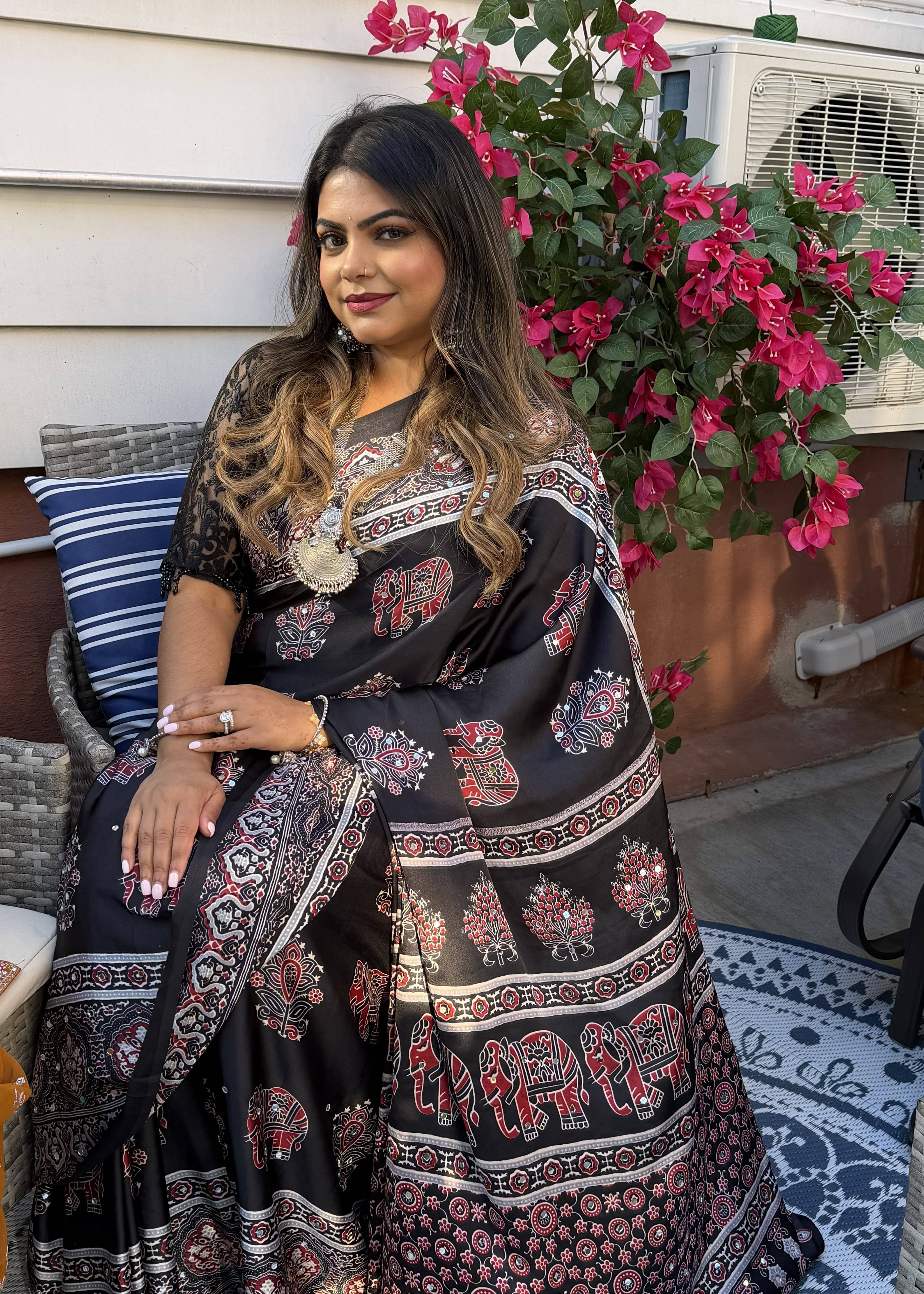 Black Ajrakh Print Sari Image - 2
