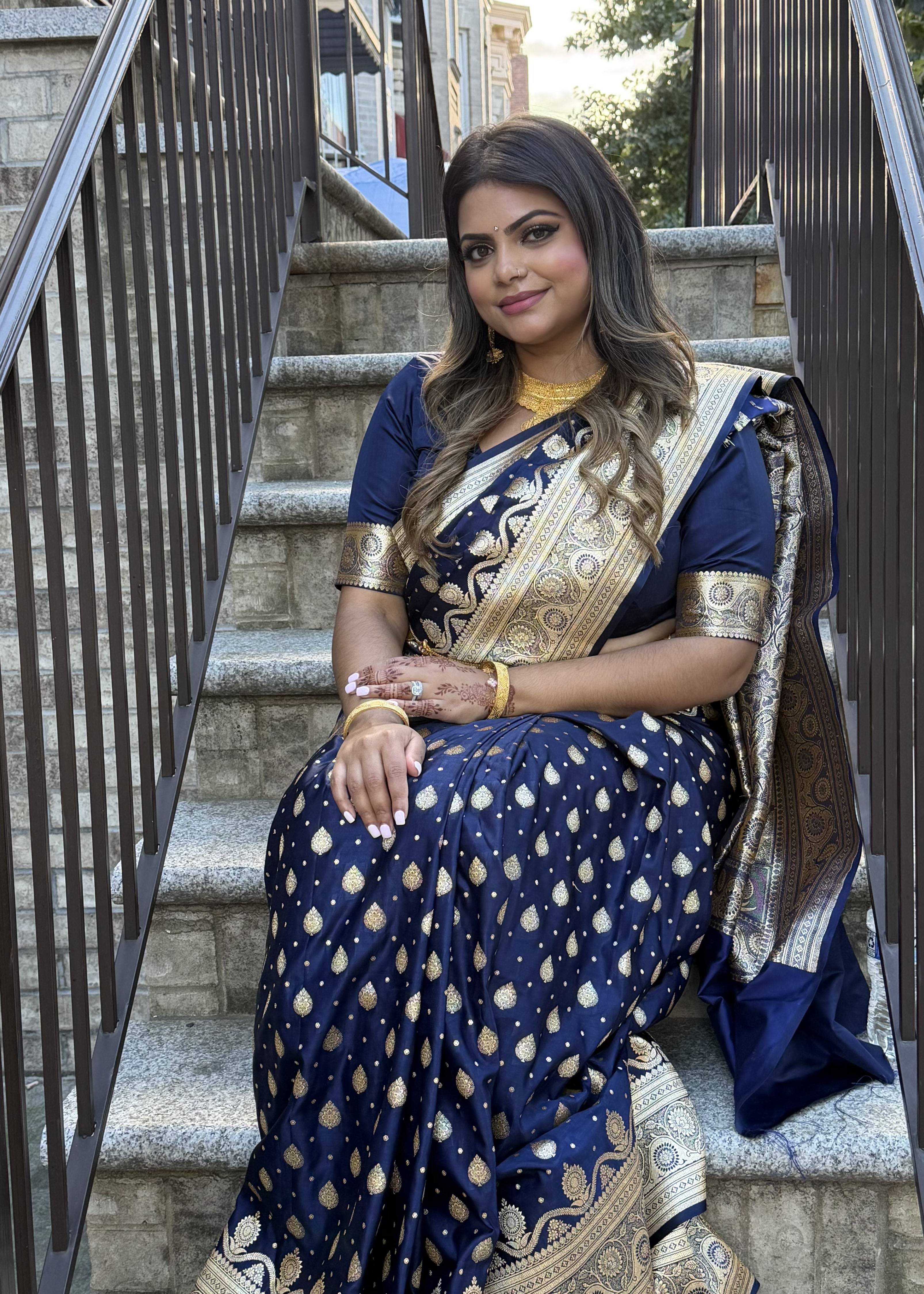 Navy Blue Banarasi Zari Sari Image - 1