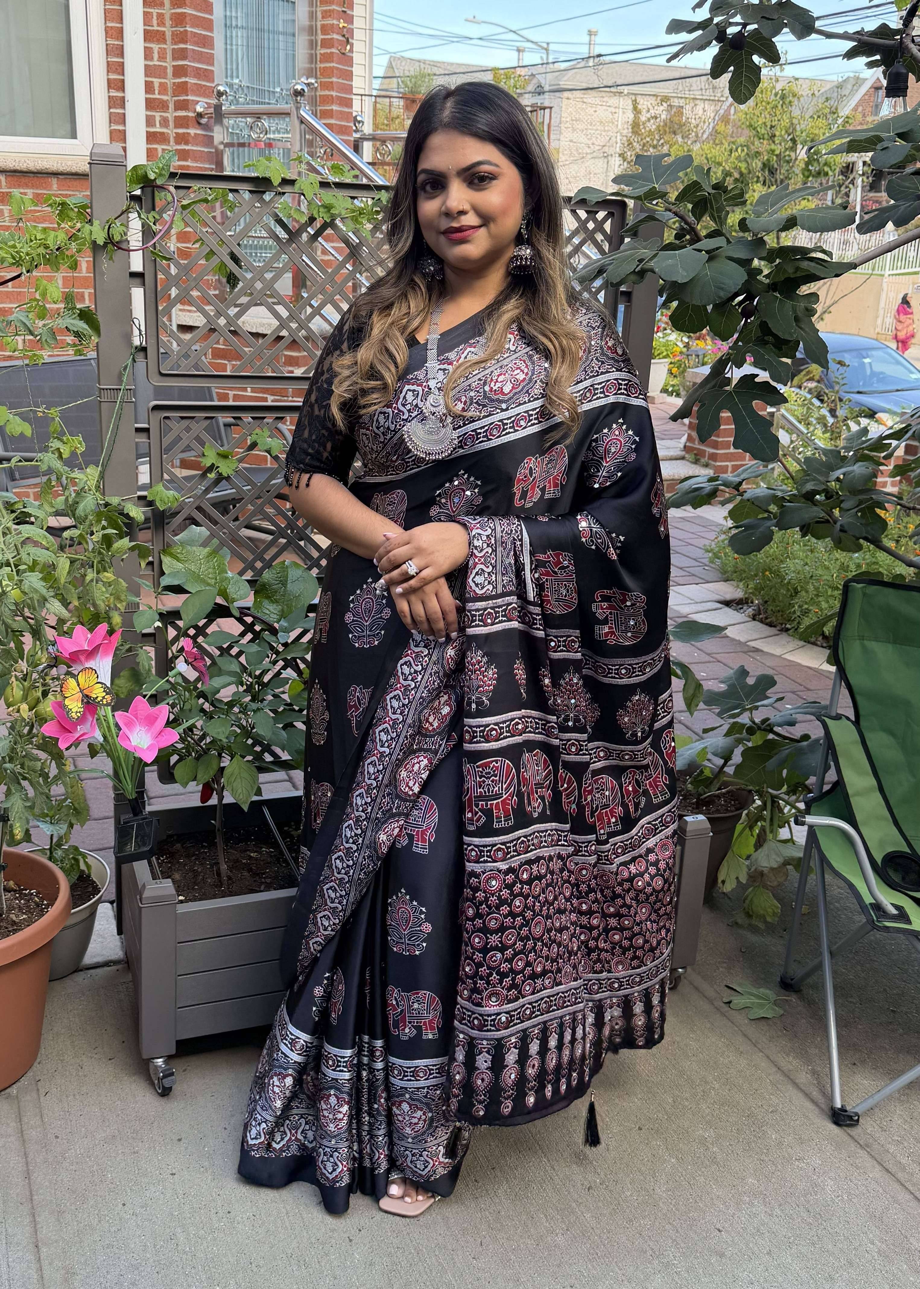 Black Ajrakh Print Sari Image - 0
