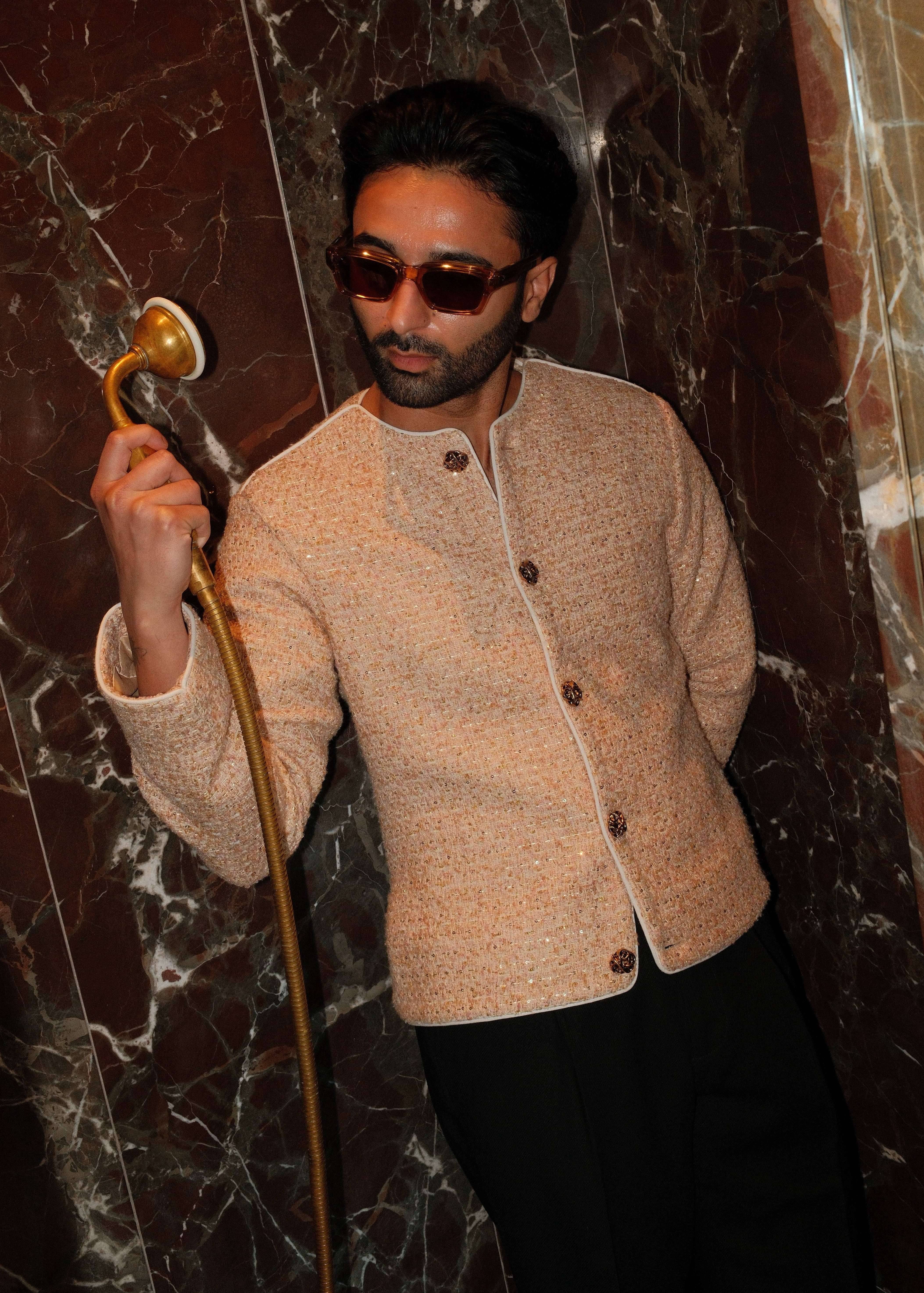 Beige Cropped Bandhgala Jacket Image - 1