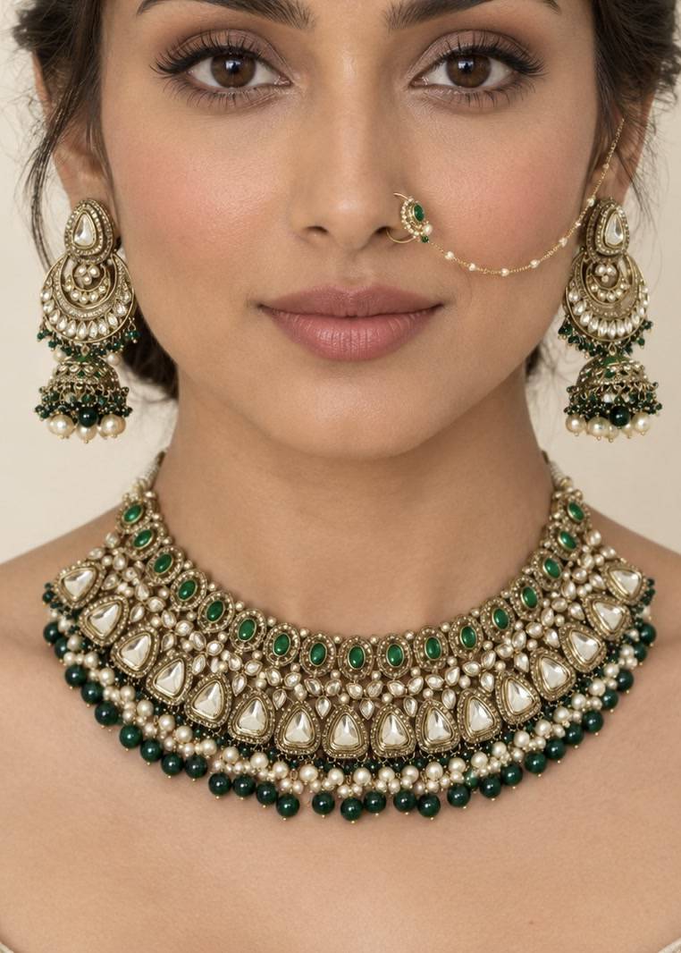 Green Kundan Bridal Necklace Set with Jhumkas and Nath Image - 0