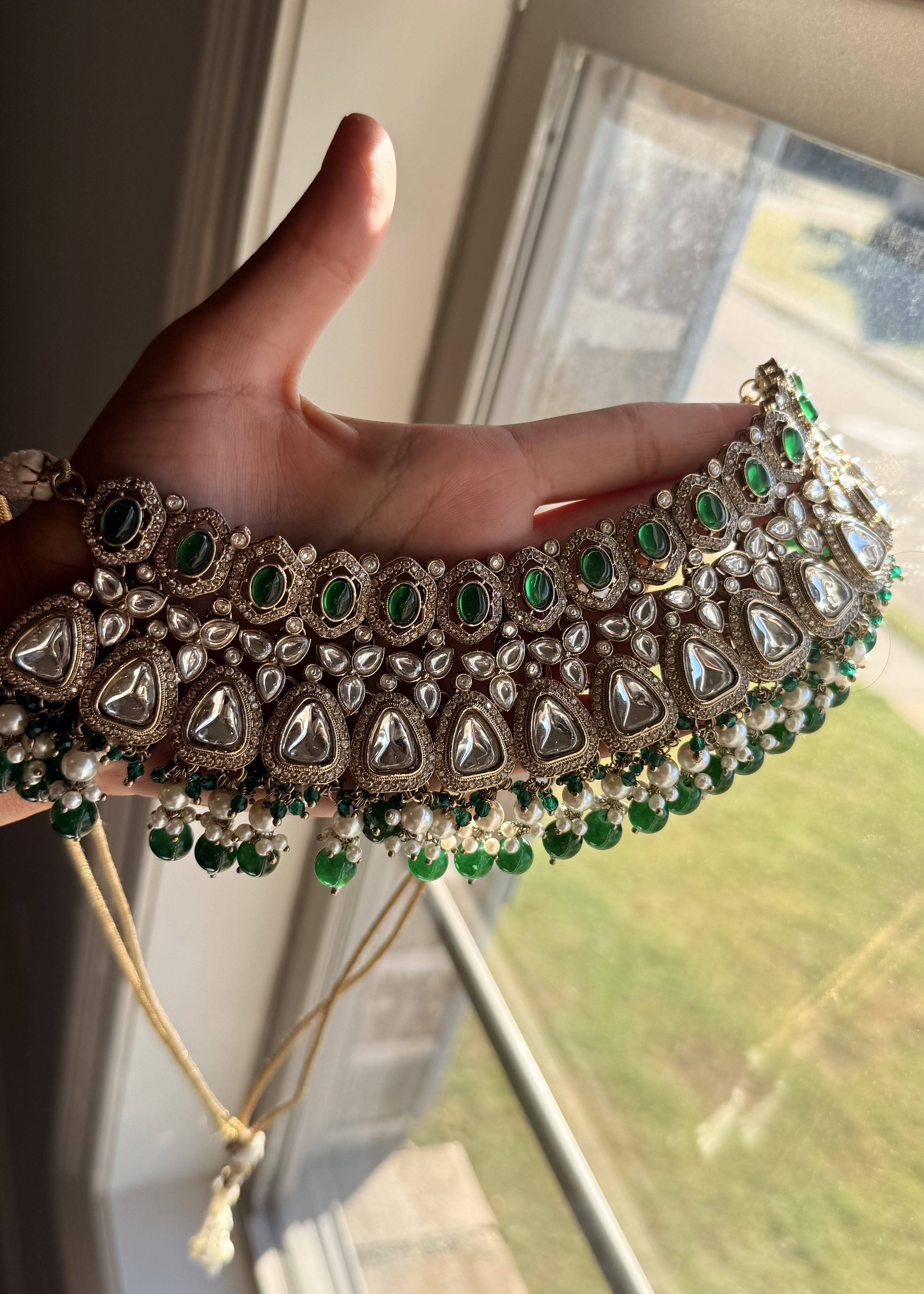 Green Kundan Bridal Necklace Set with Jhumkas and Nath Image - 3