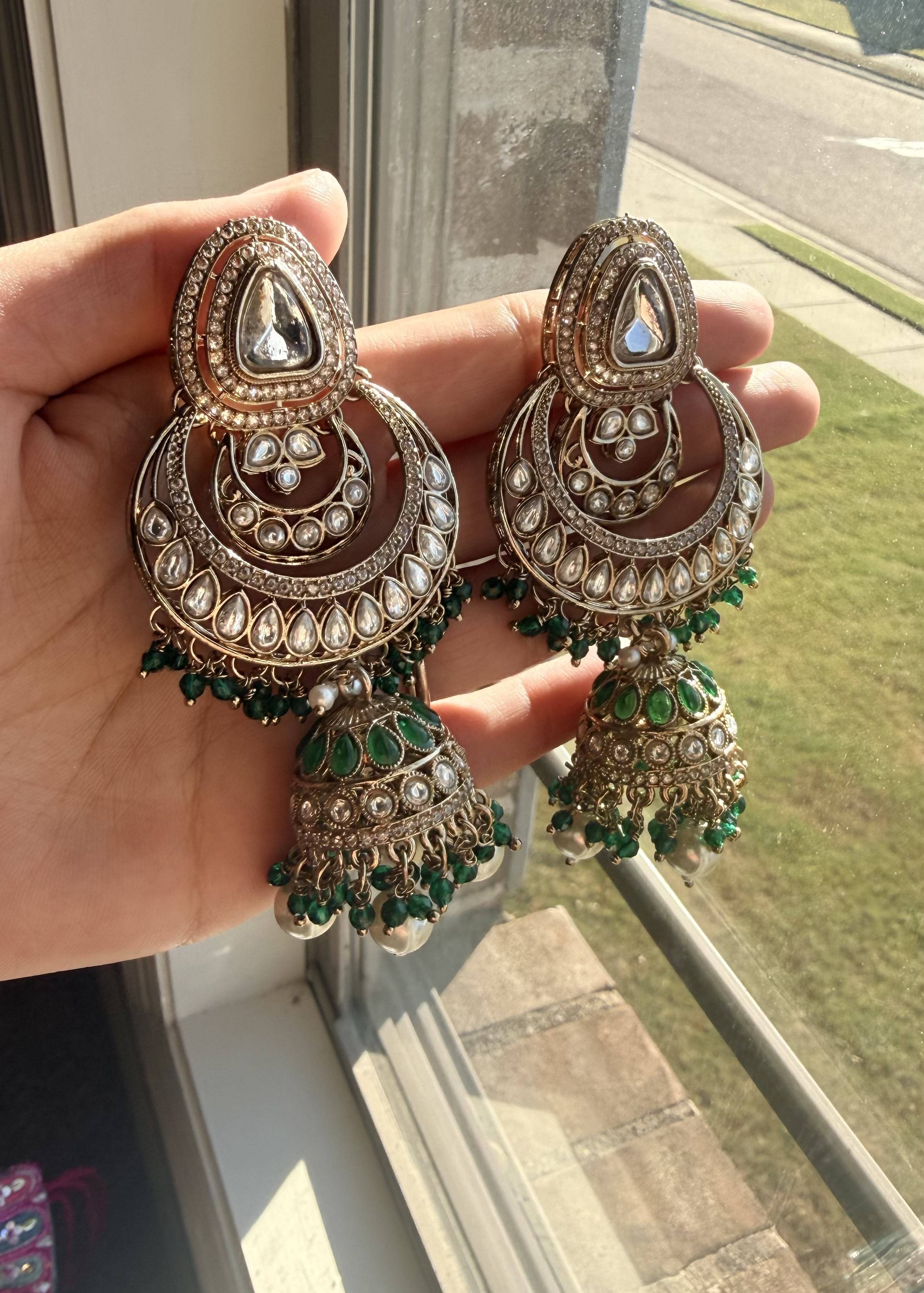 Green Kundan Bridal Necklace Set with Jhumkas and Nath Image - 4
