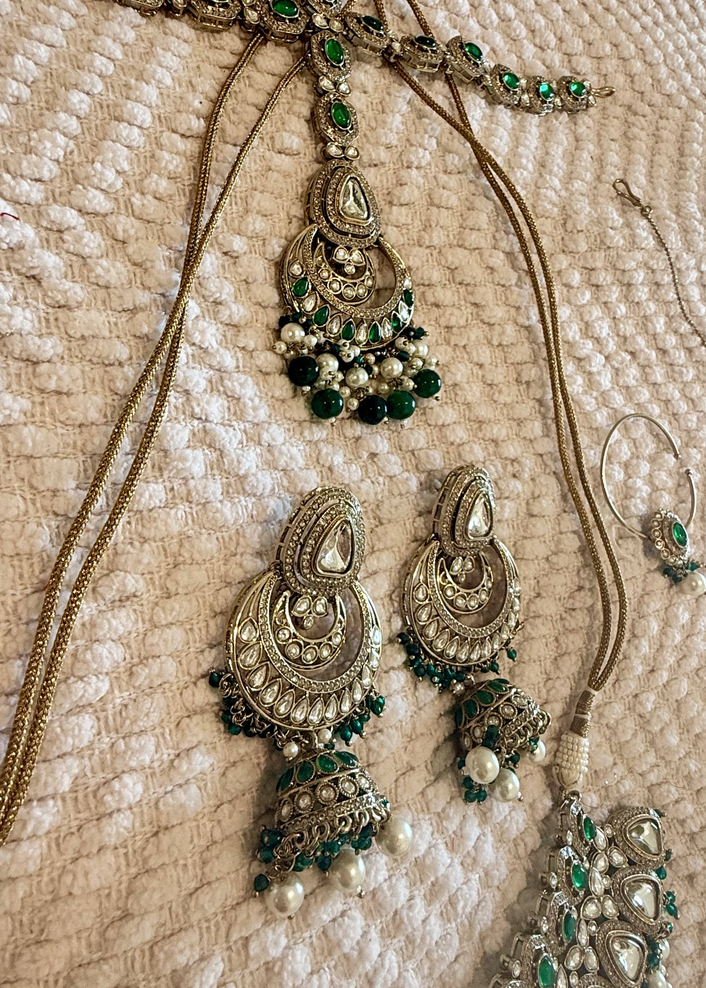 Green Kundan Bridal Necklace Set with Jhumkas and Nath Image - 5