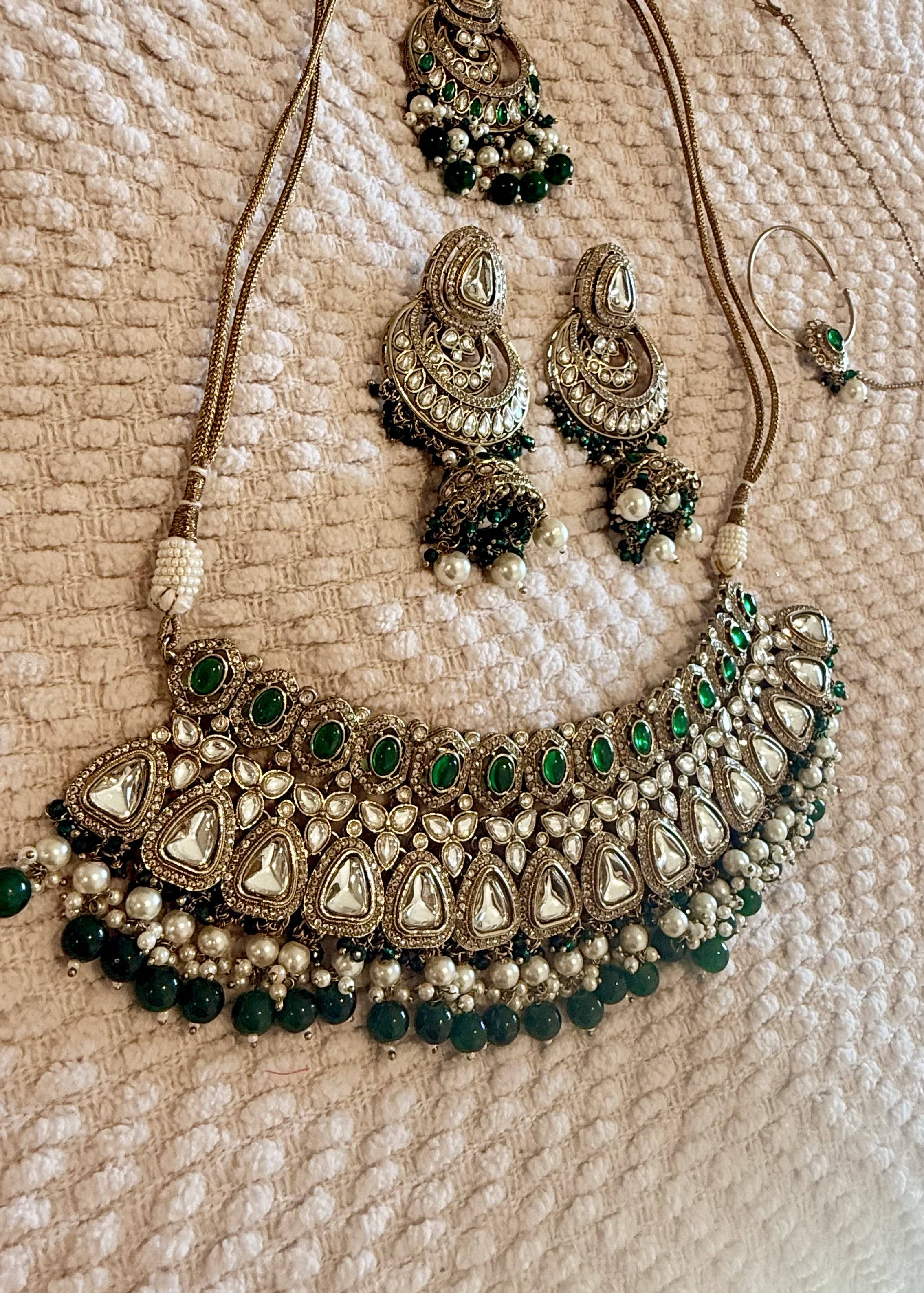 Green Kundan Bridal Necklace Set with Jhumkas and Nath Image - 2
