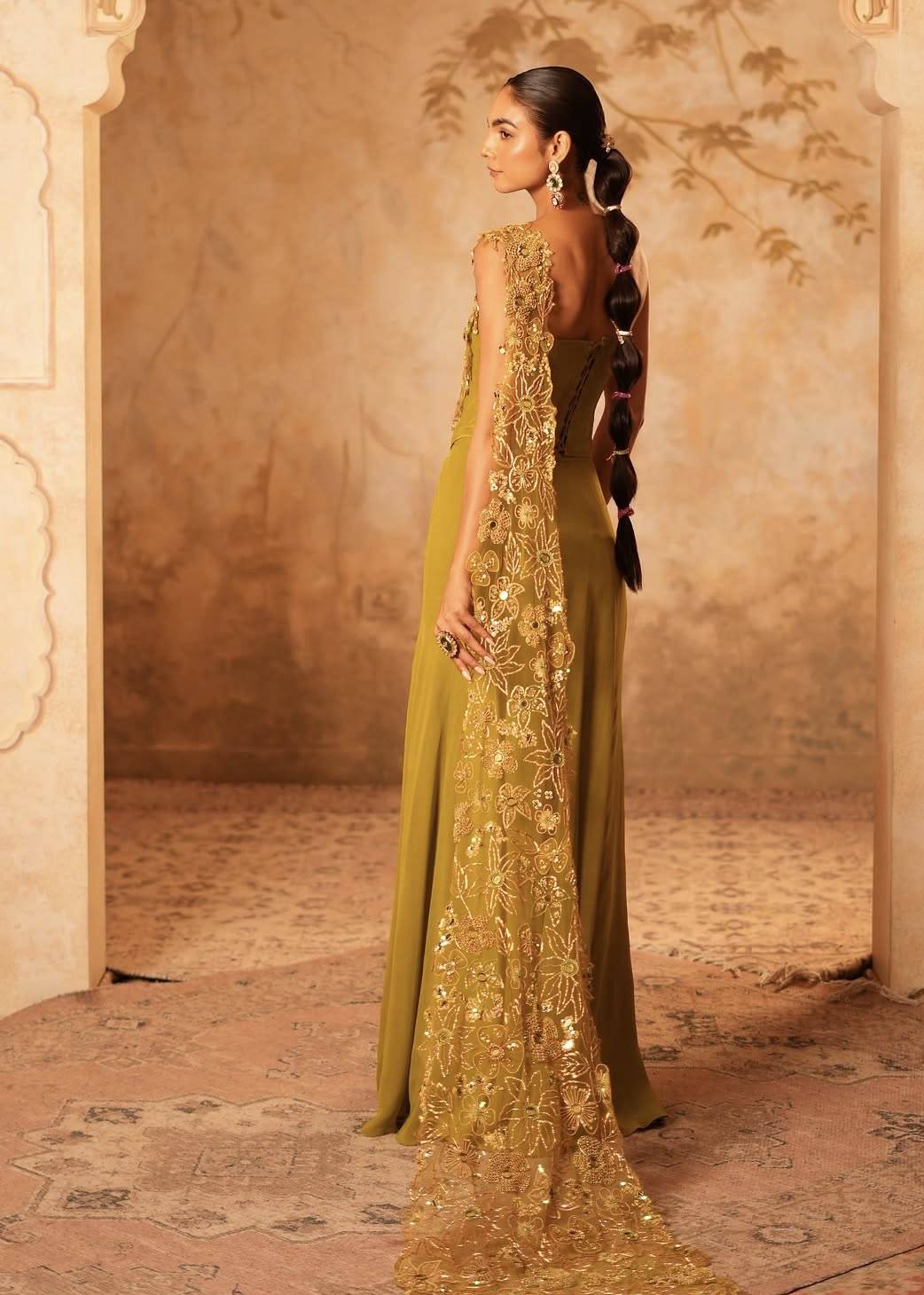 Olive Green Gold Embroidered Draped Gown Image - 3