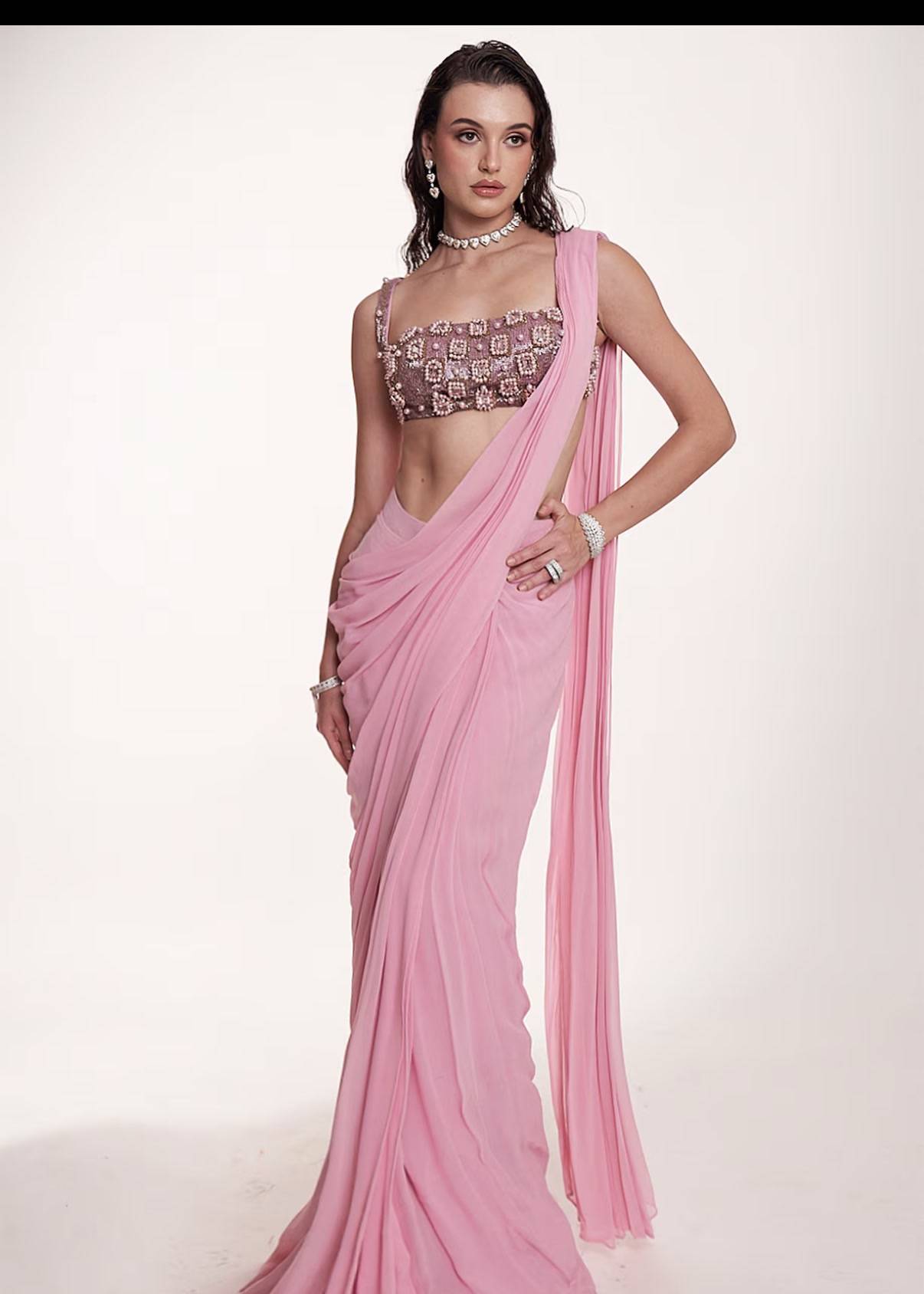 Blush Pink Pre-Draped Sari  Image - 0