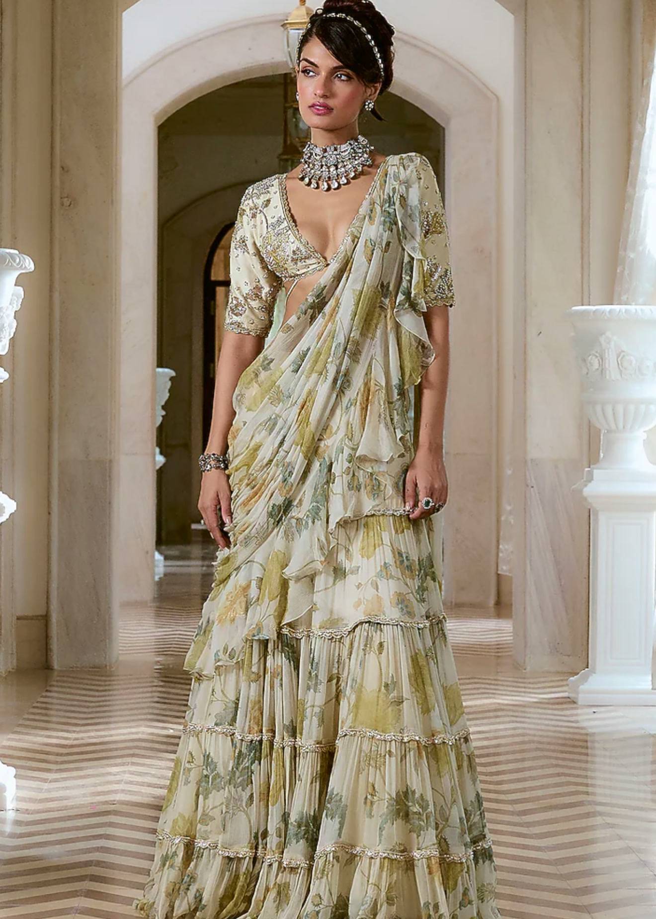 Ivory Floral Ruffled Pre-Draped Sari Image - 1