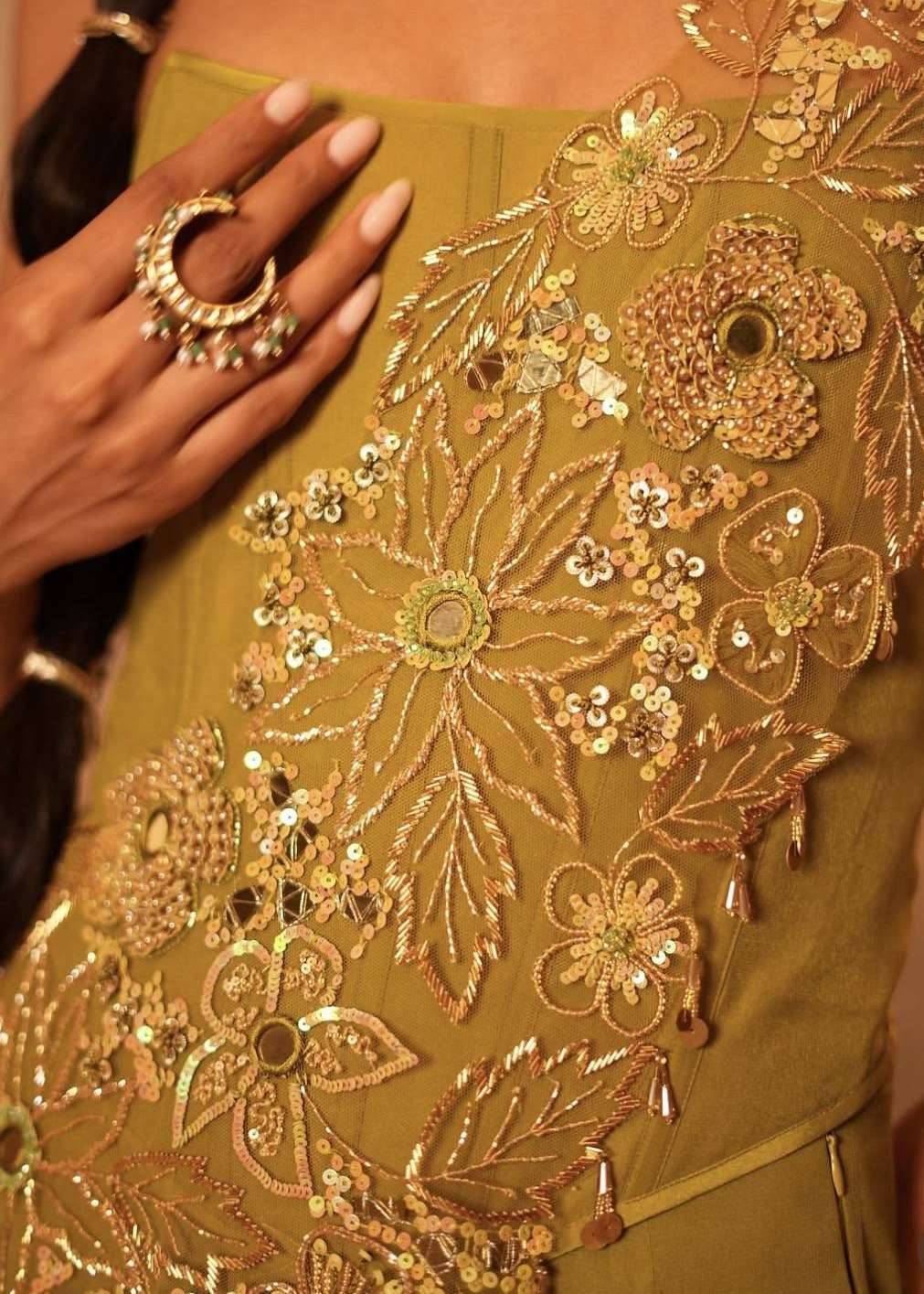 Olive Green Gold Embroidered Draped Gown Image - 1