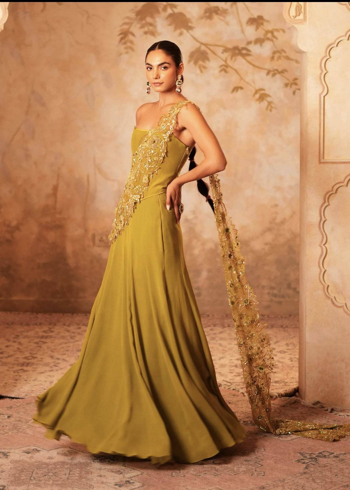 Olive Green Gold Embroidered Draped Gown Image - 0
